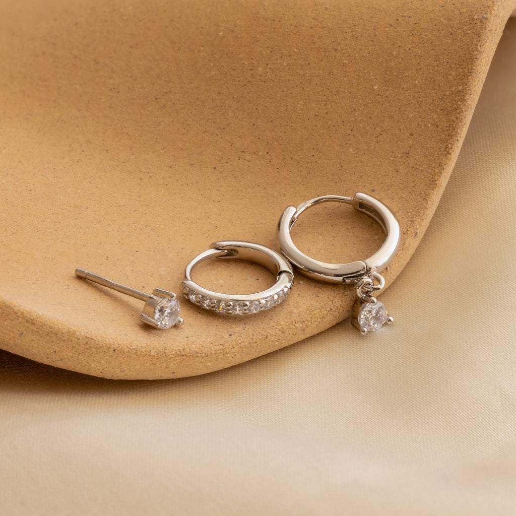 Classic Diamond Earrings Set Silver 18K Gold Plated