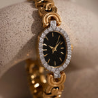 Diamond Pave Onyx Timepiece Silver 18K Gold Plated