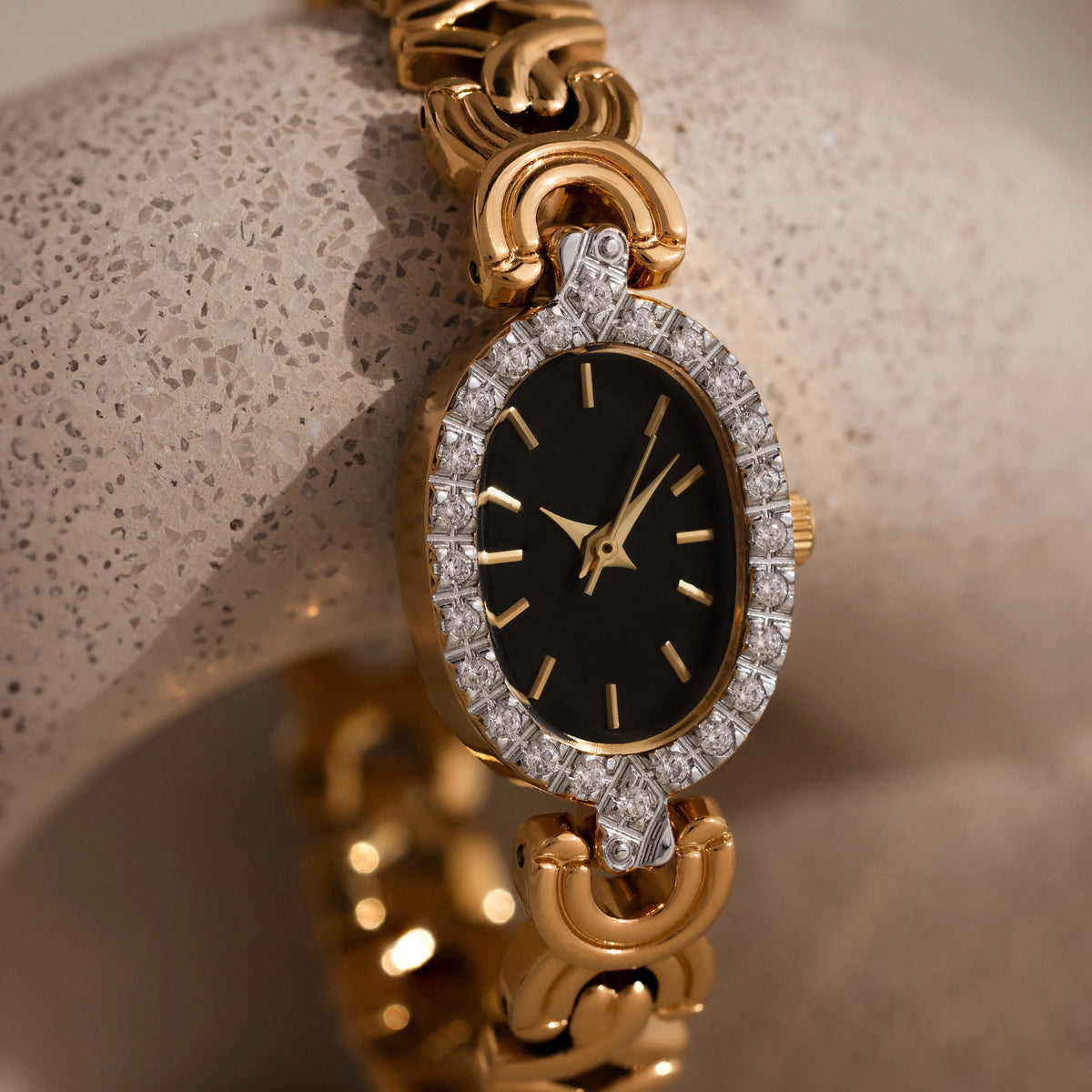 Diamond Pave Onyx Timepiece Silver 18K Gold Plated