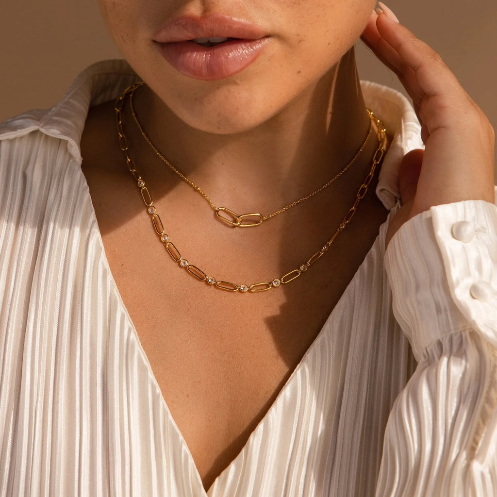 Diamond Paperclip Necklace Silver 18K Gold Plated