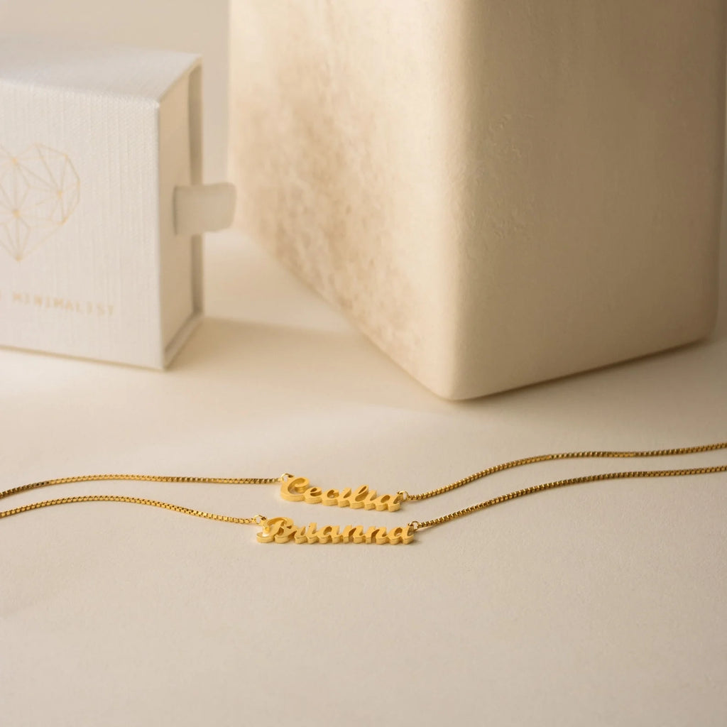 London Double Name Necklace in Box Chain Silver 18K Gold Plated