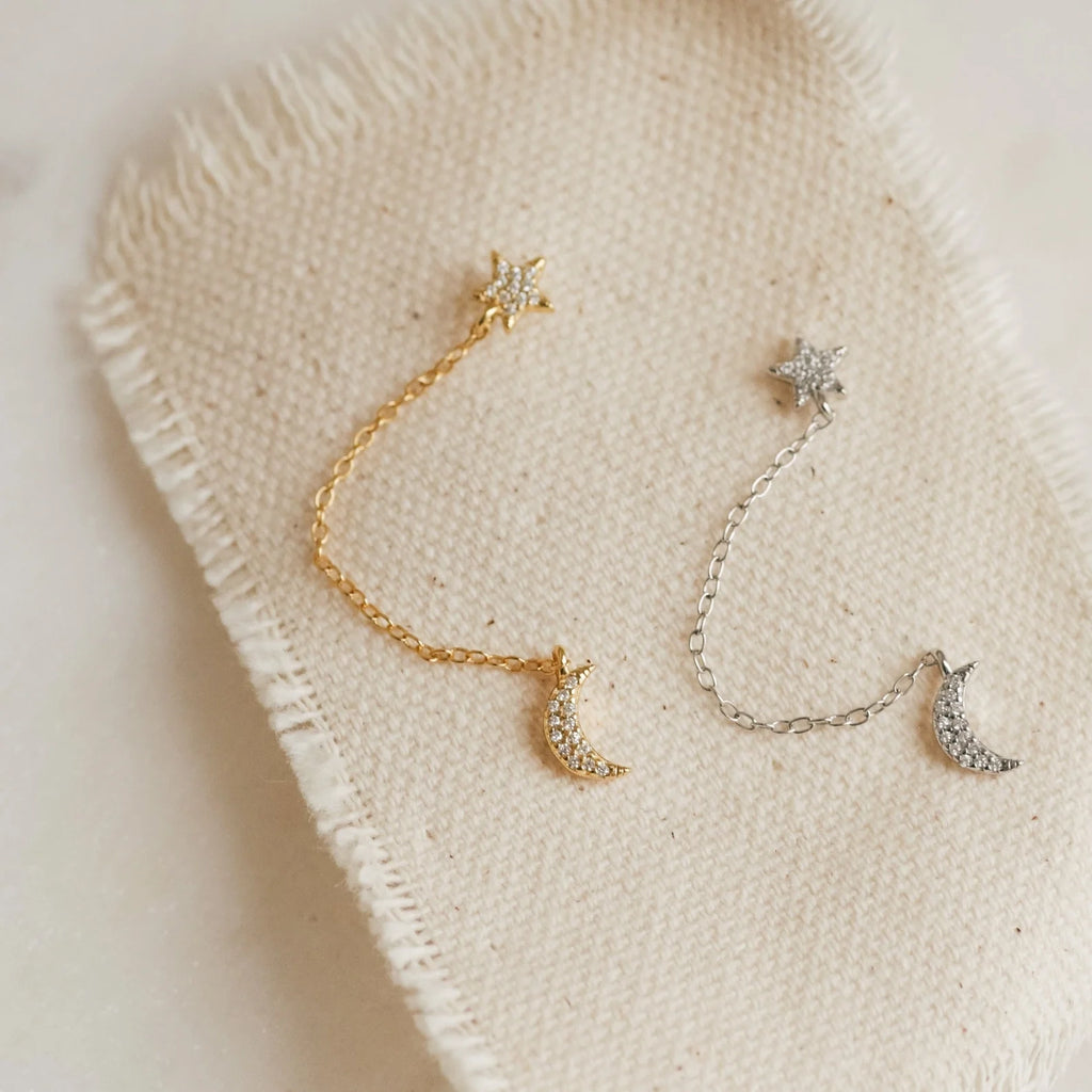 Moon & Star Chain Earrings Silver 18K Gold Plated