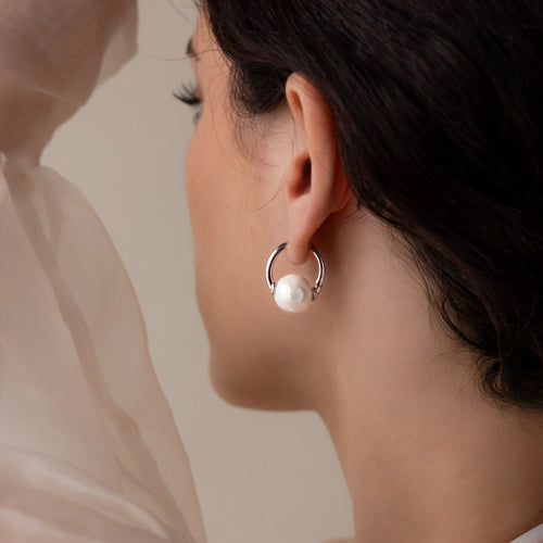 Bold Round Pearl Hoops Silver 18K Gold Plated