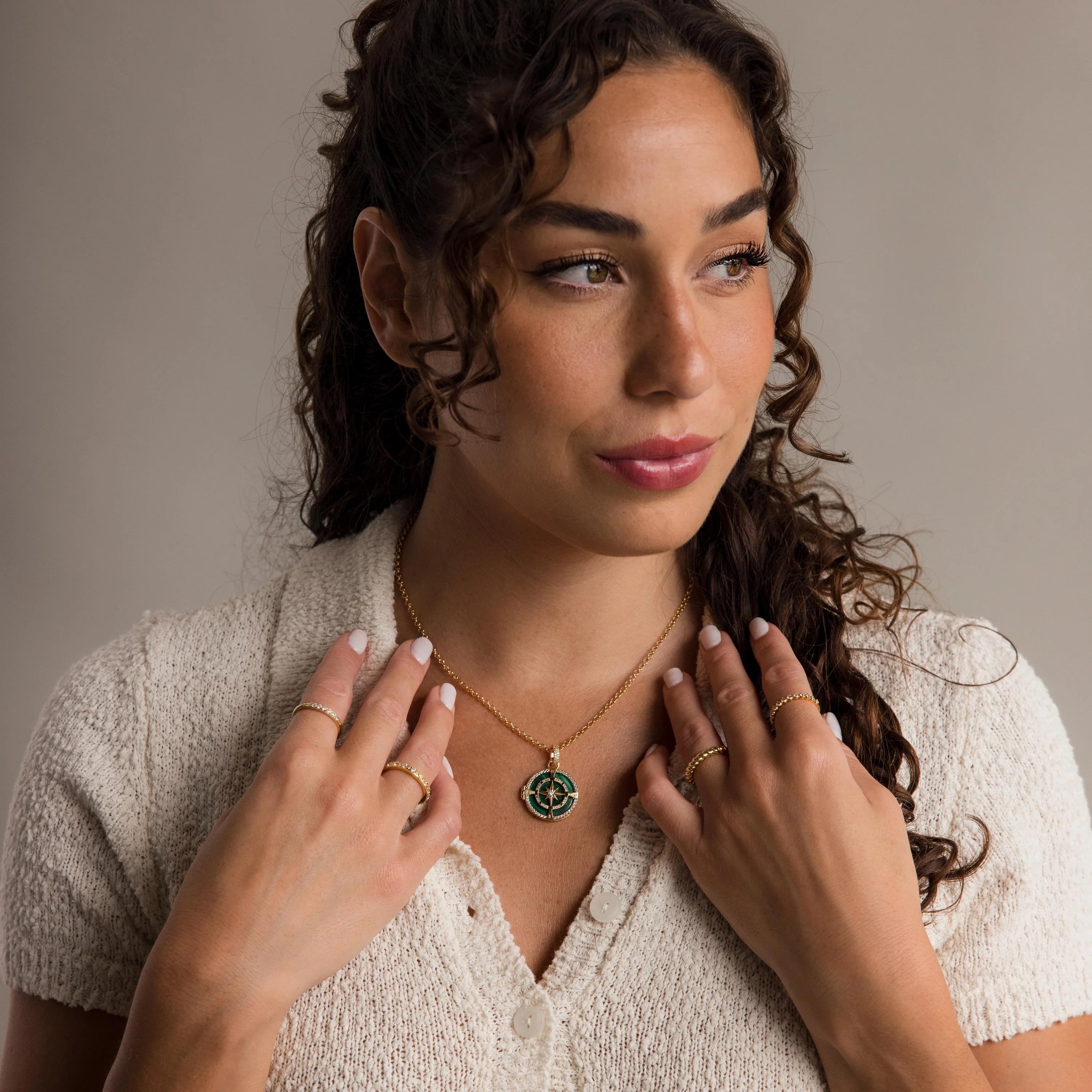 Malachite Compass Locket Necklace Silver 18K Gold Plated