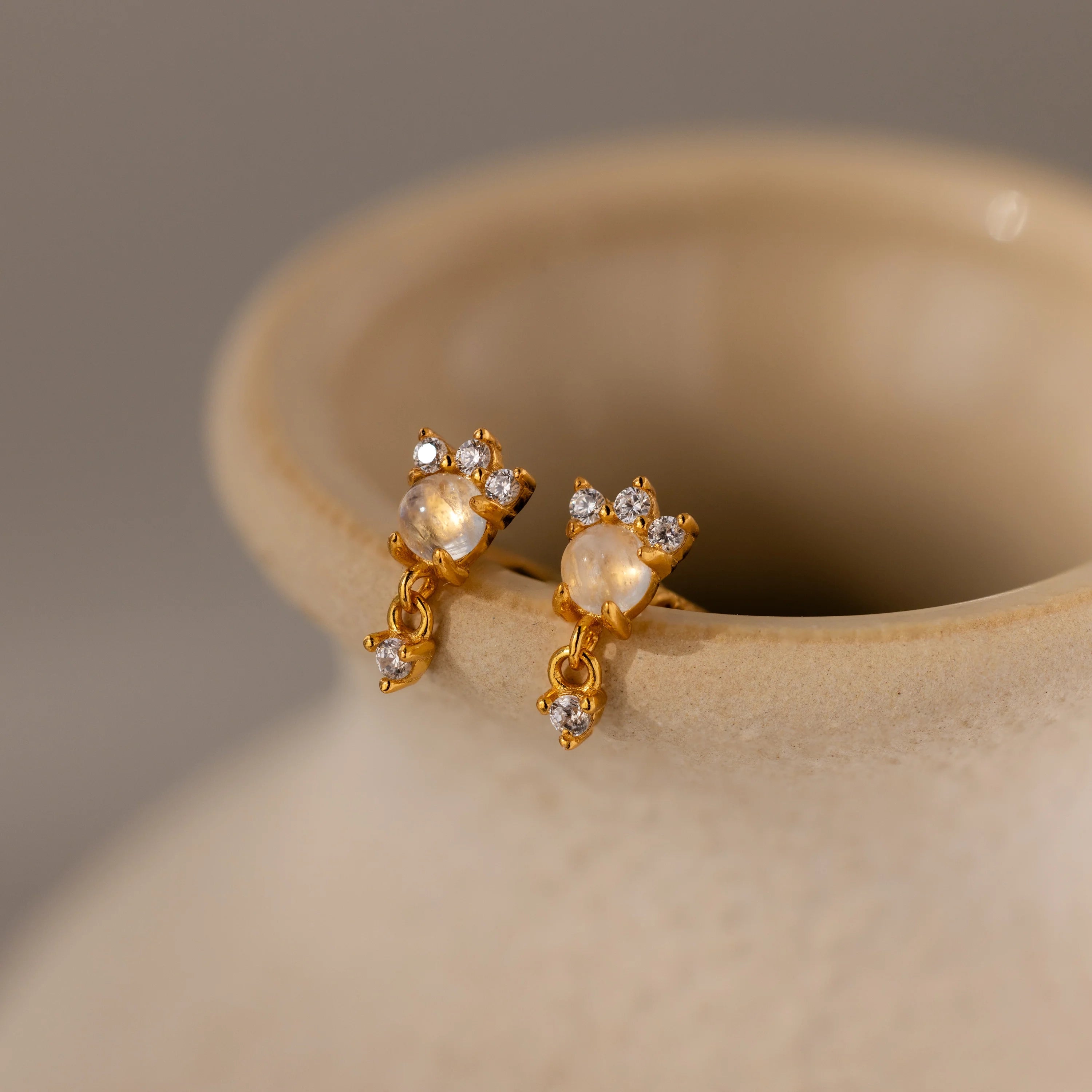 Halo Moonstone Drop Studs Silver 18K Gold Plated