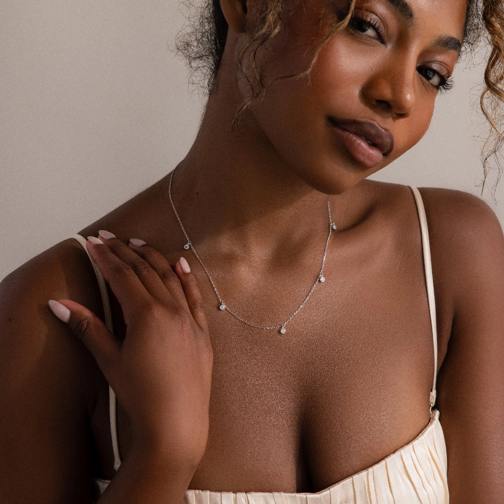 Diamond Station Necklace Silver 18K Gold Plated