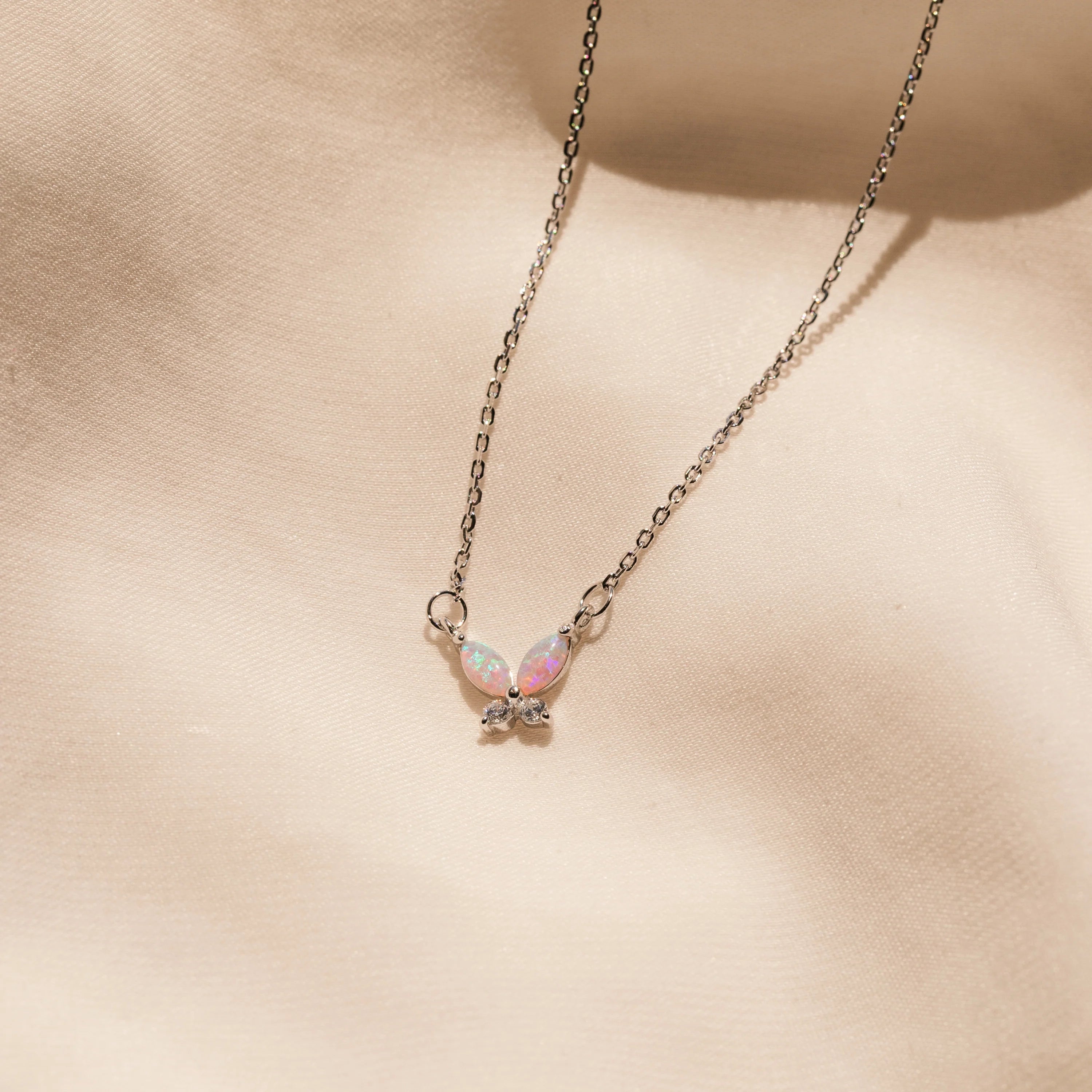 Pink Opal &amp; Diamond Butterfly Necklace Silver 18K Gold Plated
