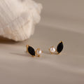 Marquise Onyx & Pearl Studs Silver 18K Gold Plated