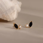 Marquise Onyx & Pearl Studs Silver 18K Gold Plated