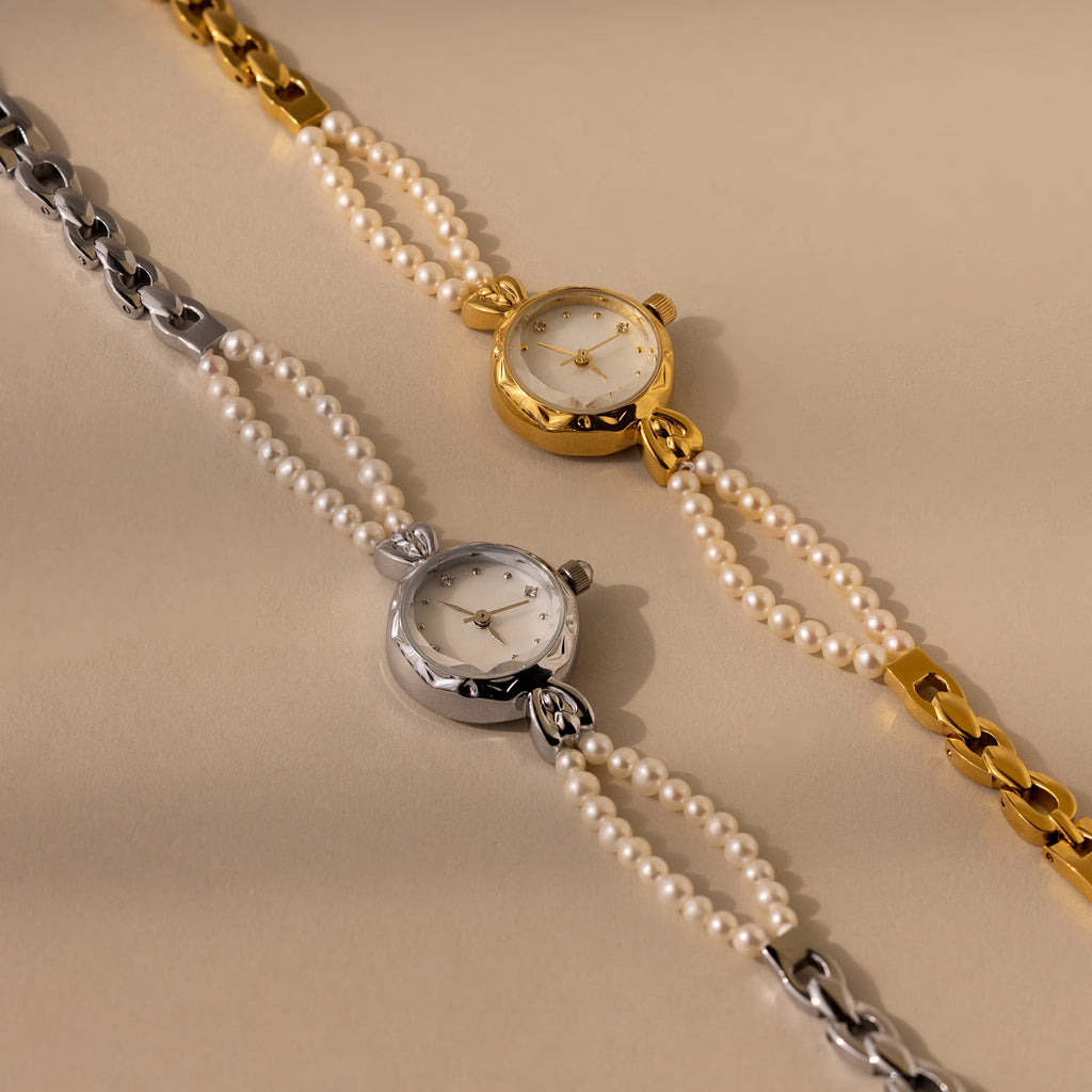Beaded Pearl Timepiece Silver 18K Gold Plated