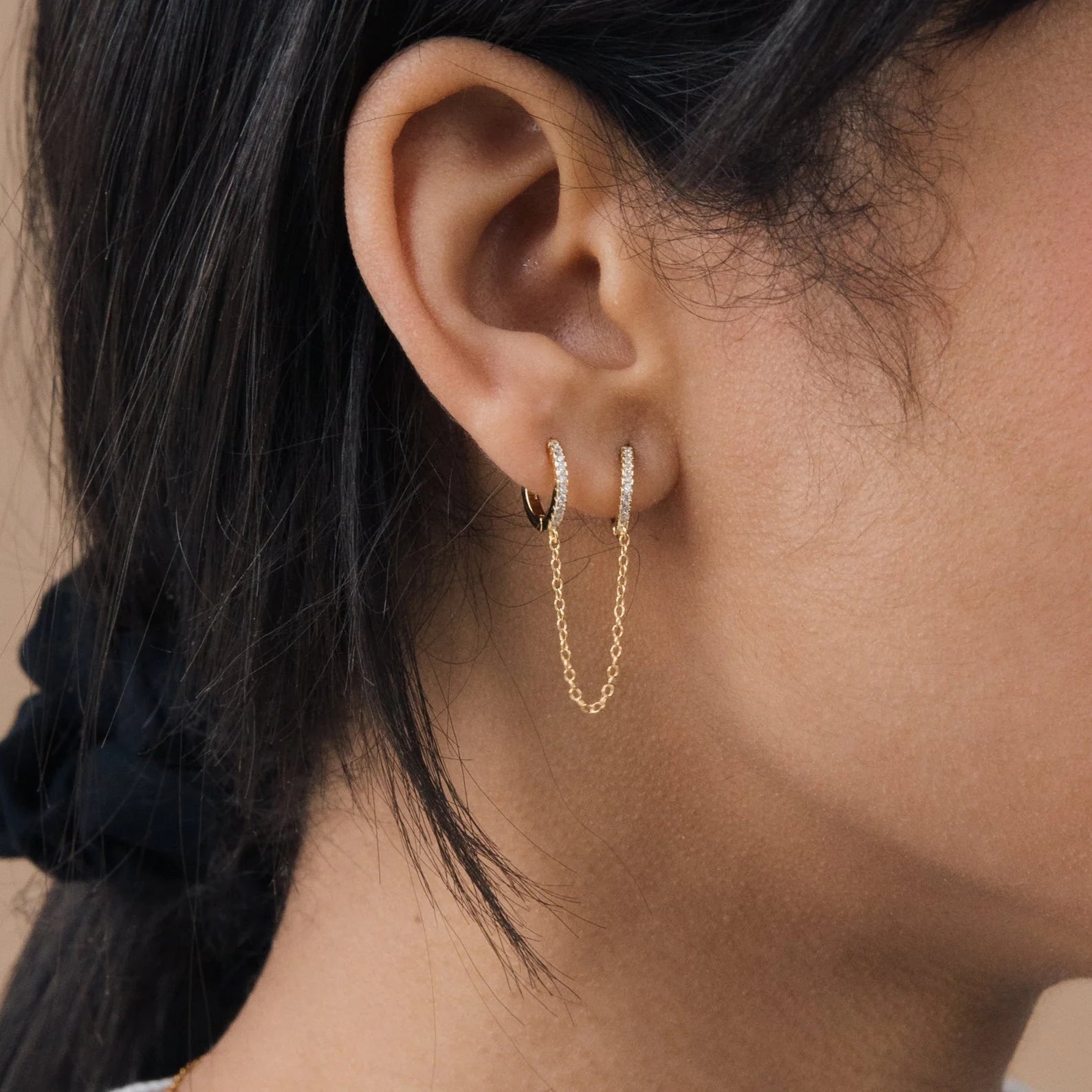 Diamond Pave Duo Chain Earring Silver 18K Gold Plated