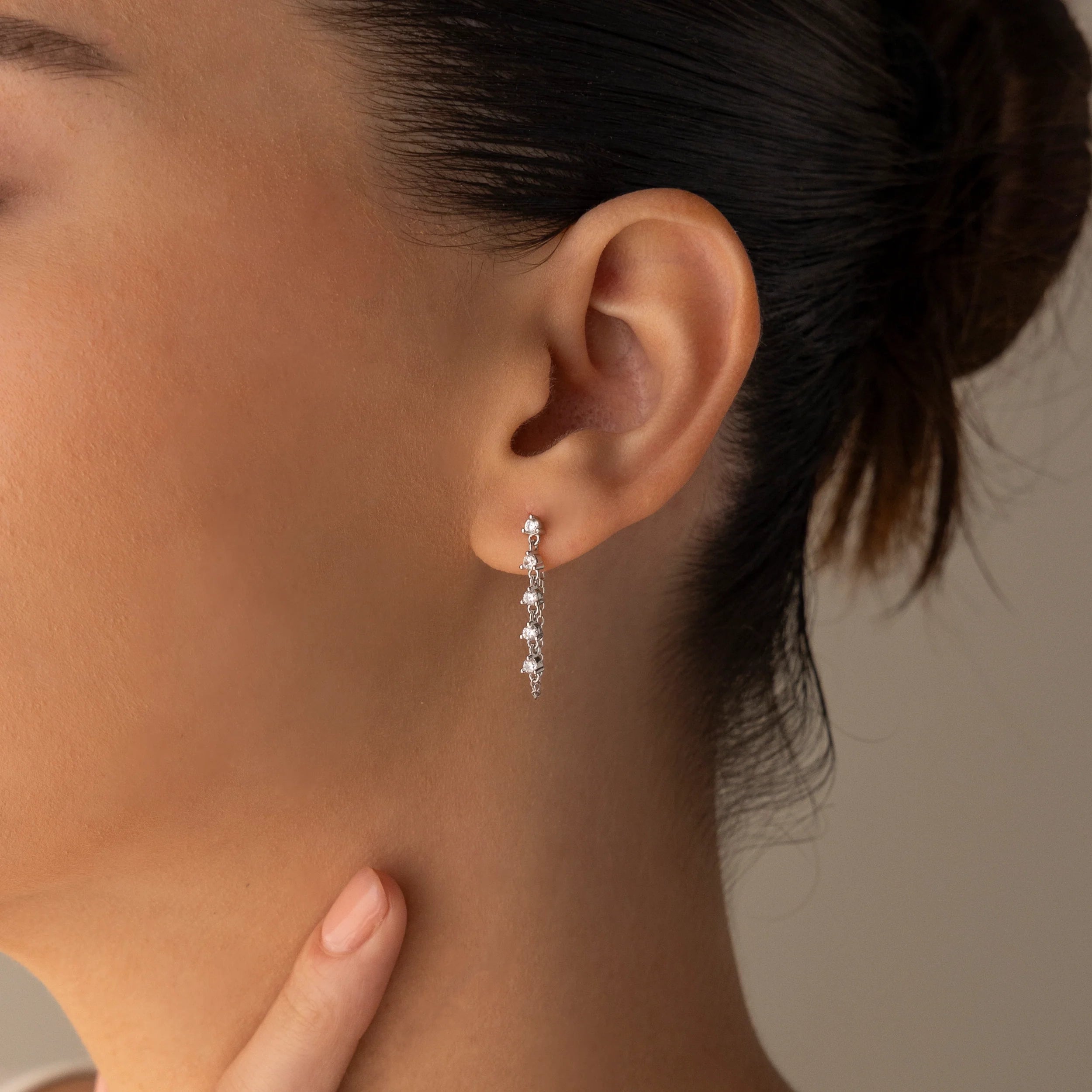 Diamond Chain Drop Earrings Silver 18K Gold Plated