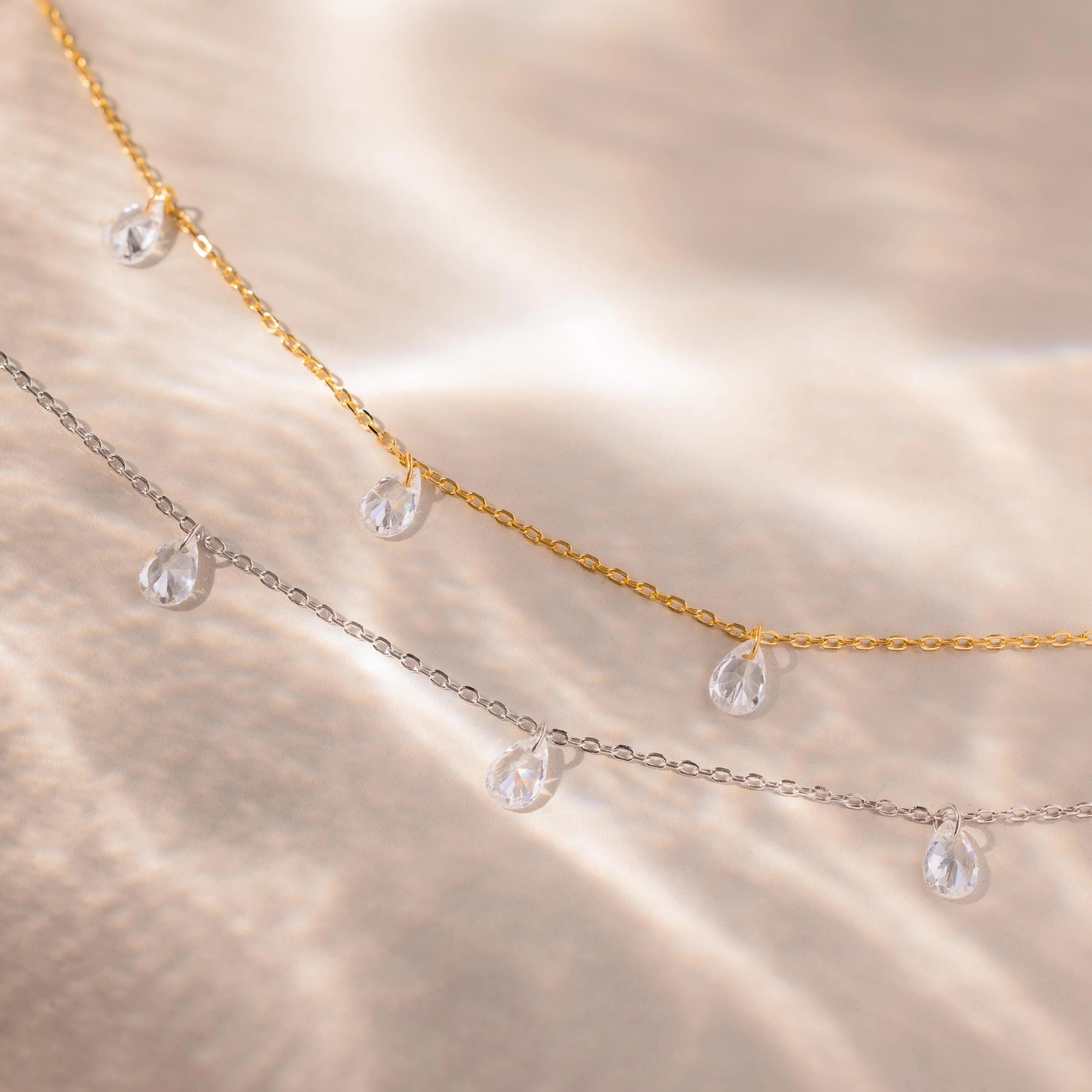 Diamond Drop Station Necklace Silver 18K Gold Plated