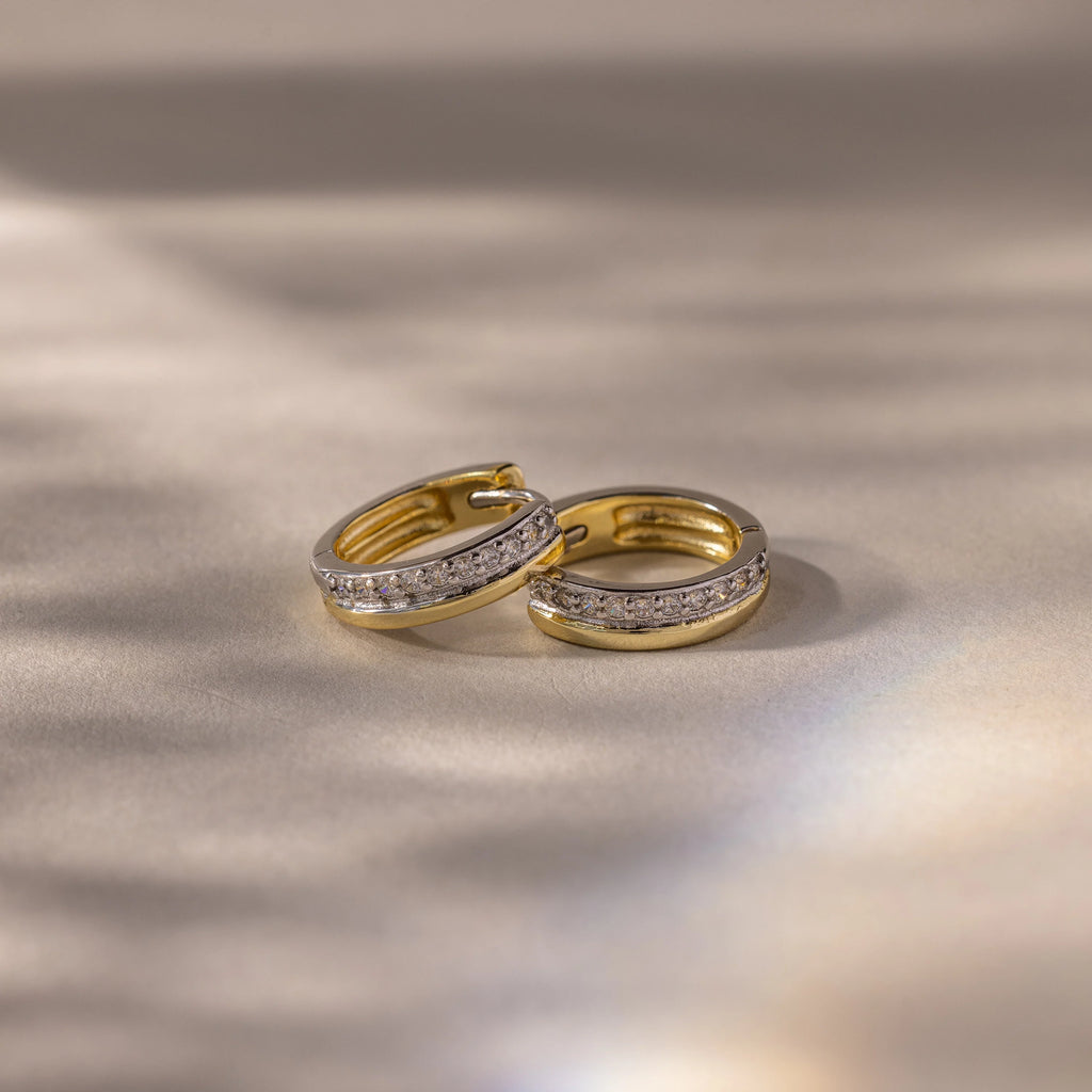 Half Pave Huggies in Mixed Metal Silver 18K Gold Plated