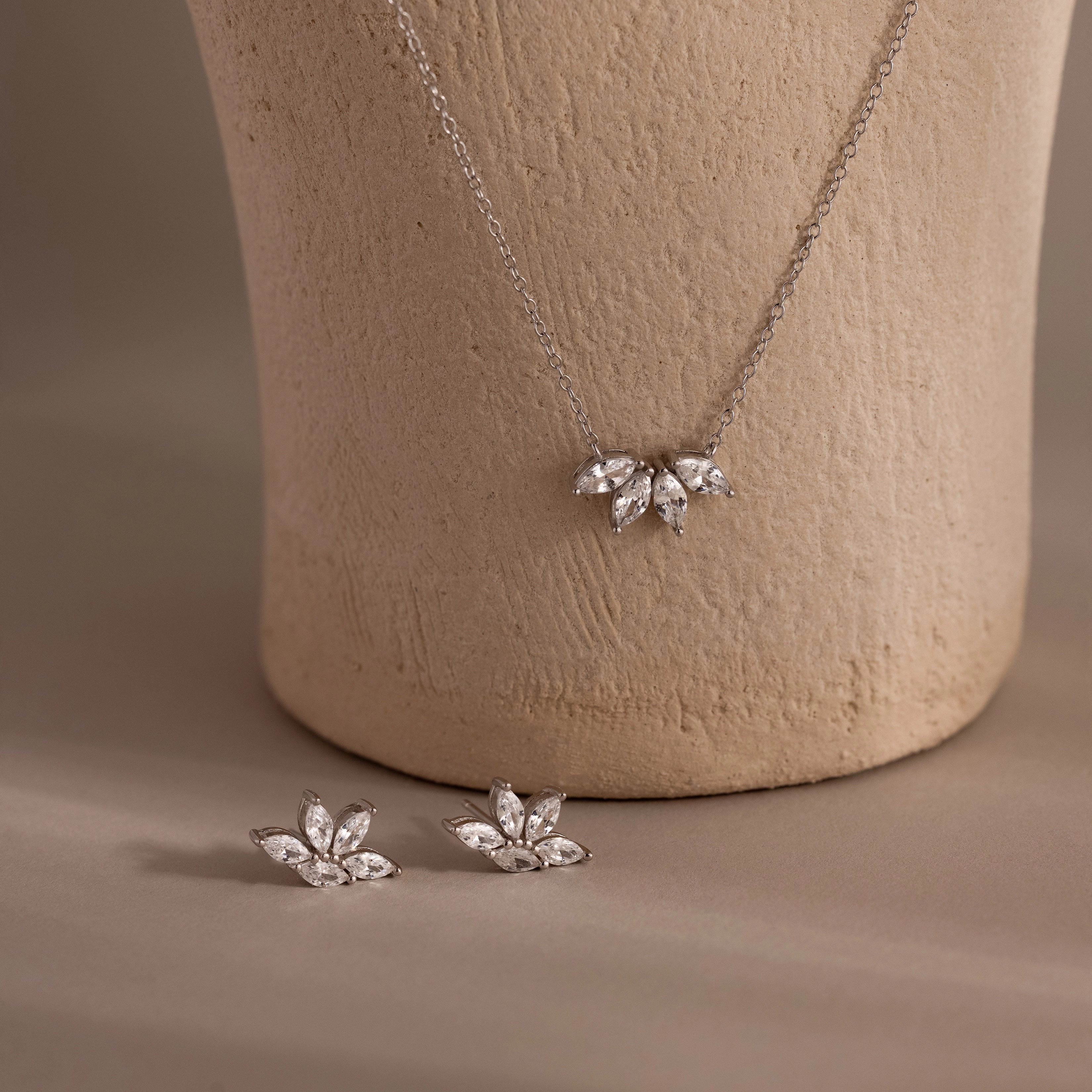 Marquise Diamond Necklace & Earrings Set Silver 18K Gold Plated