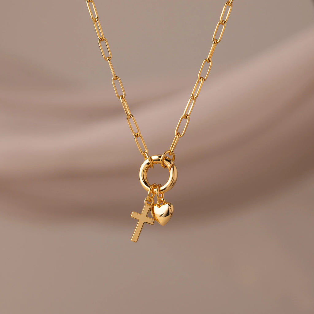 Cross/Heart Charm Rolo Clasp Bracelet Silver 18K Gold Plated