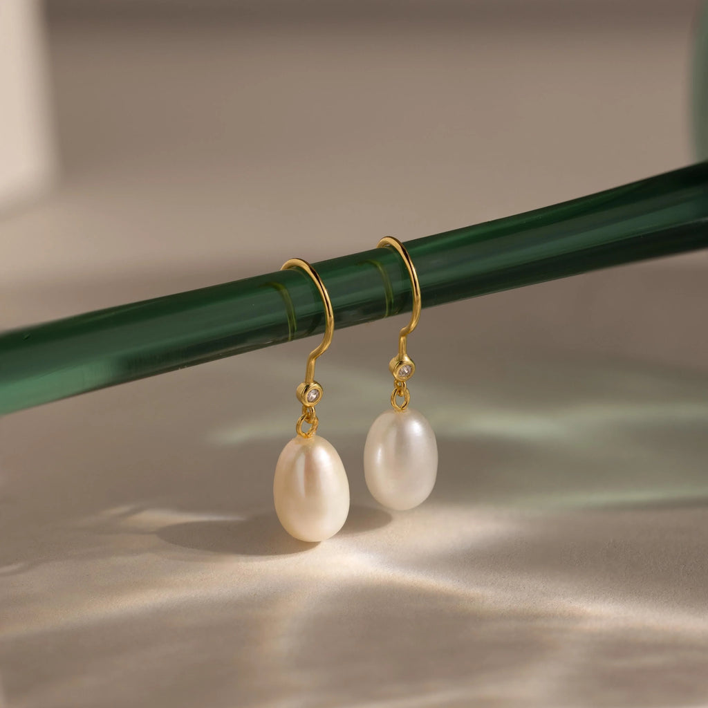 Diamond Pearl Threader Earrings Silver 18K Gold Plated