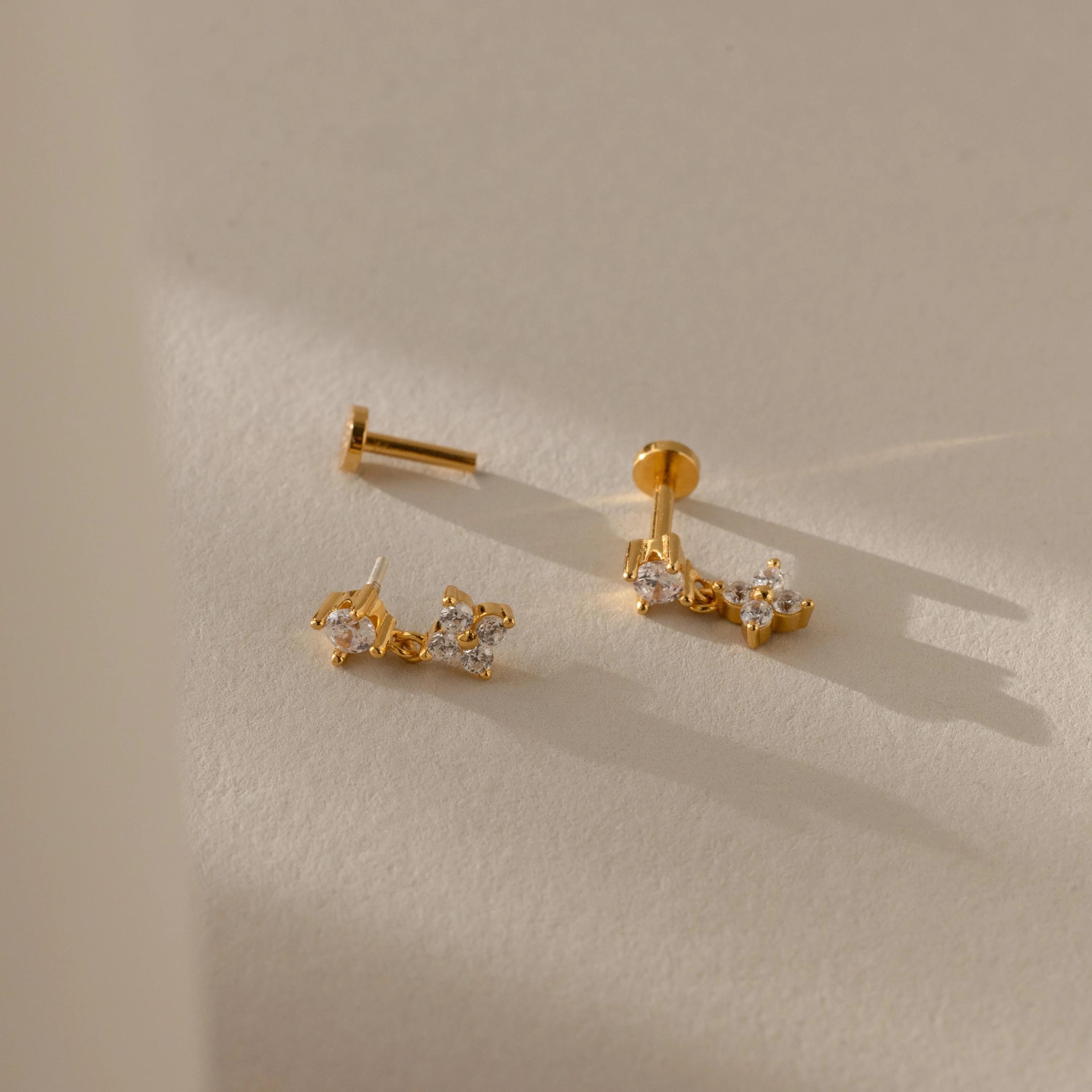 Diamond Ivy Flower Flat Back Studs Silver 18K Gold Plated