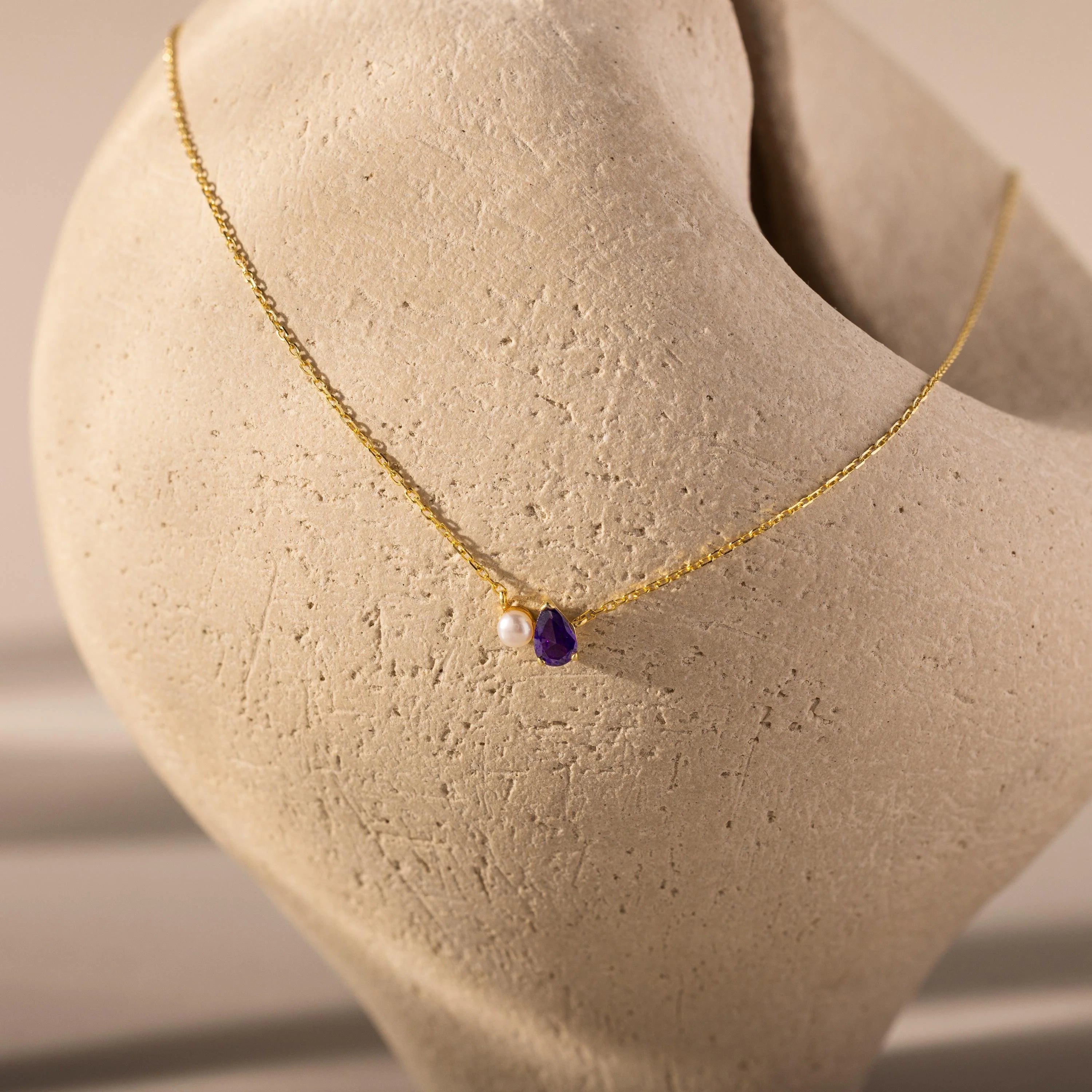 Teardrop Birthstone & Pearl Necklace Silver 18K Gold Plated