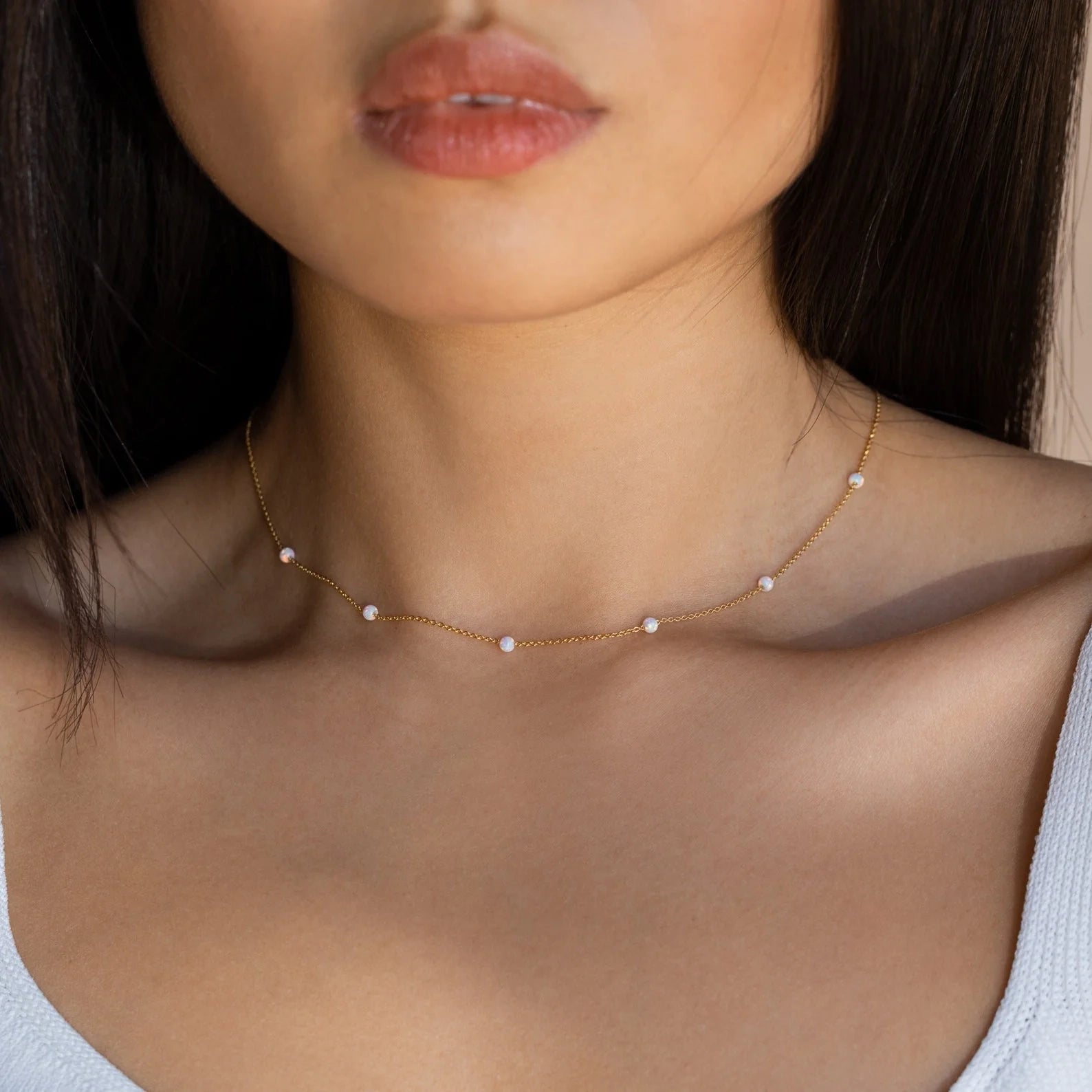 Opal Station Necklace Silver 18K Gold Plated