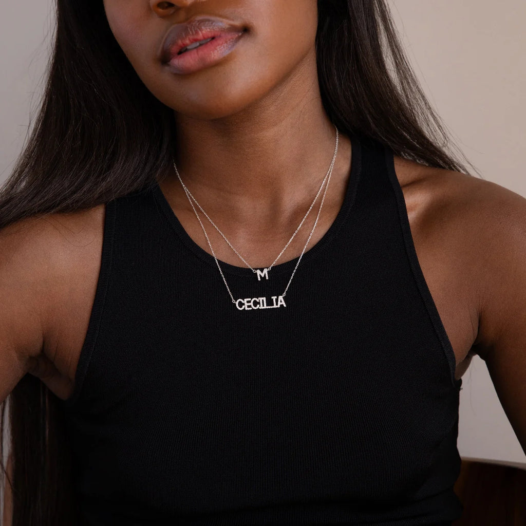 Pave Name Necklace Silver 18K Gold Plated