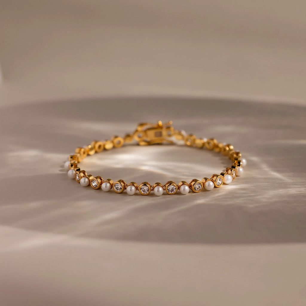 Pearl & Diamond Tennis Bracelet Silver 18K Gold Plated