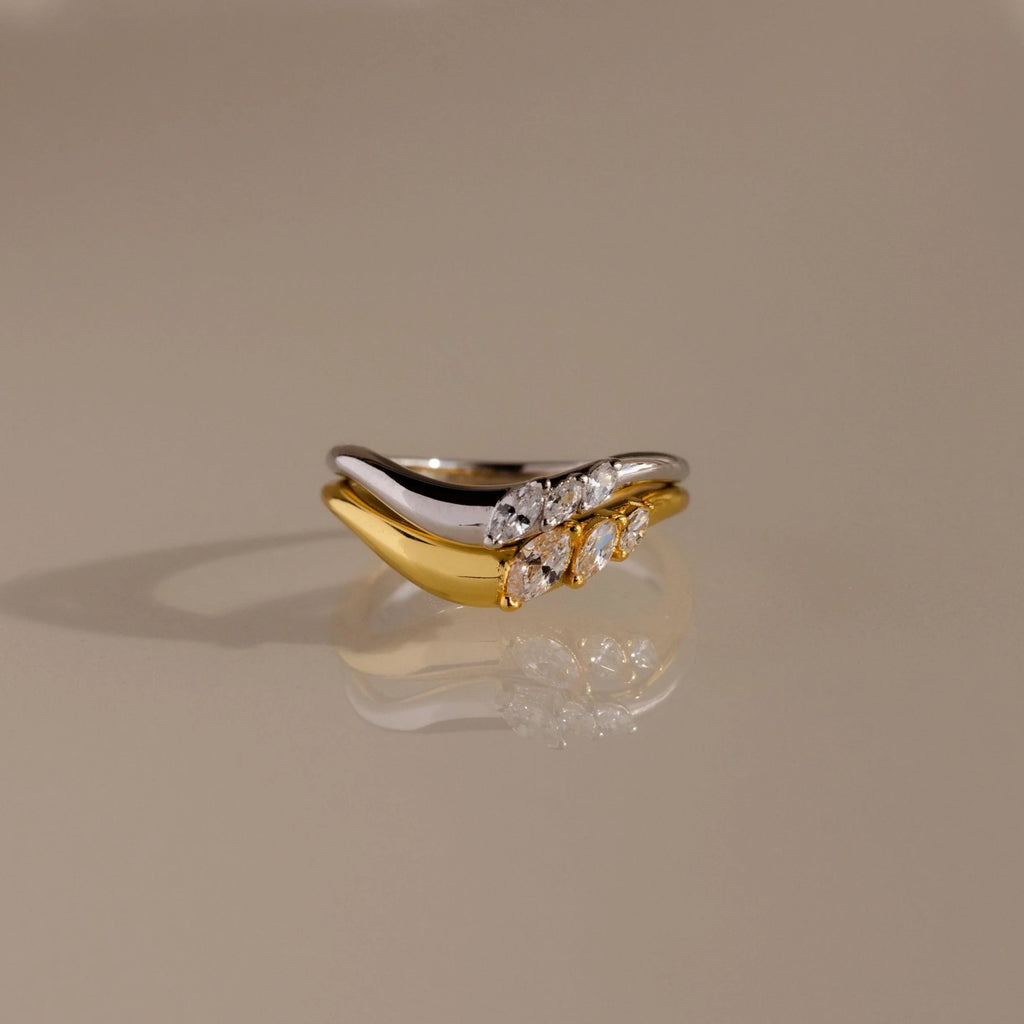 Diamond Mixed Metal Curve Ring Set Silver 18K Gold Plated