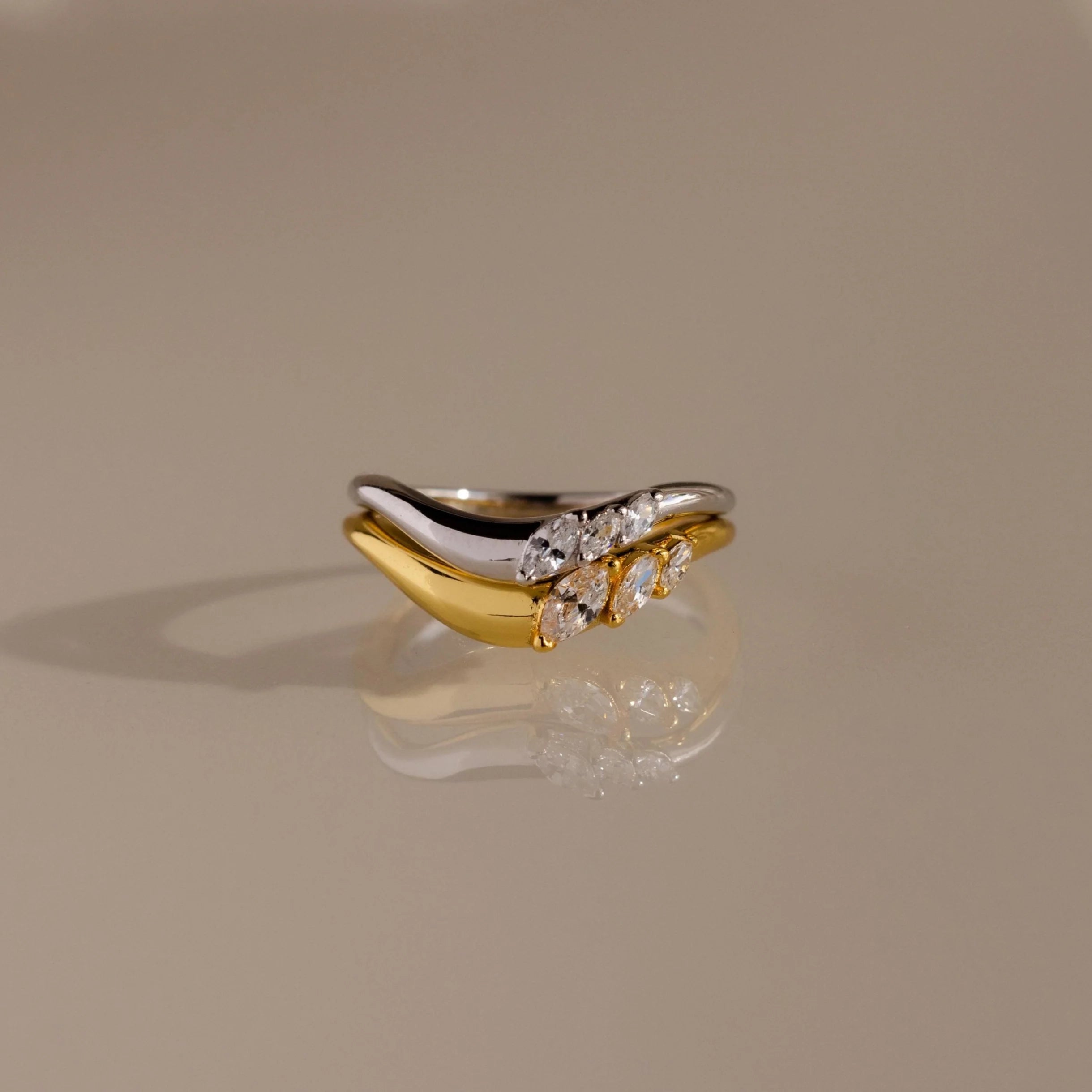 Diamond Mixed Metal Curve Ring Set Silver 18K Gold Plated