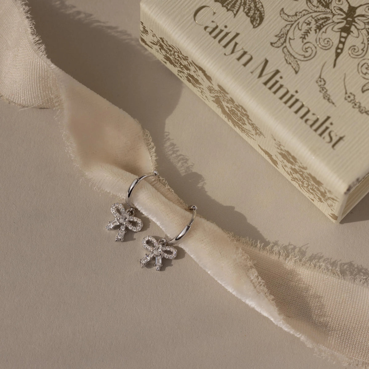 Pave Bow Charm Hoops Silver 18K Gold Plated