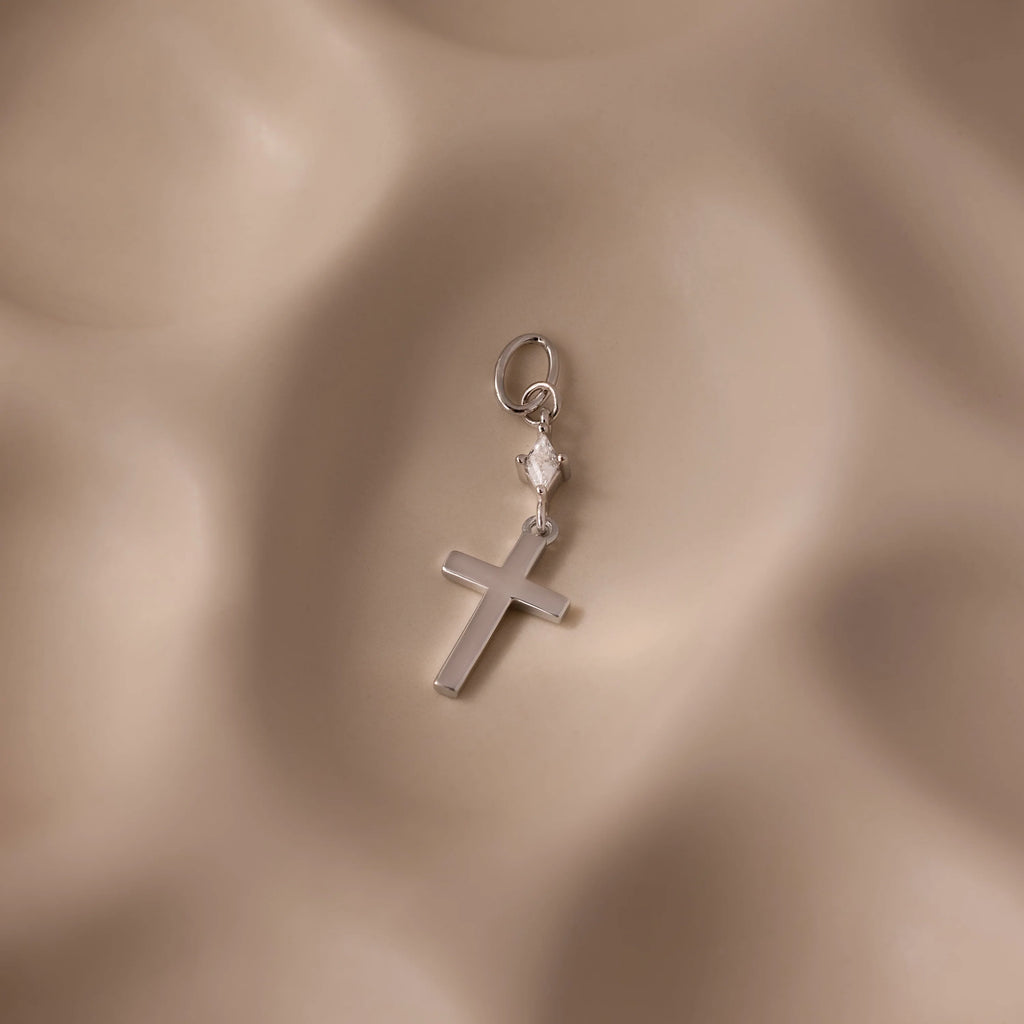 Diamond Drop Cross Charm Silver 18K Gold Plated