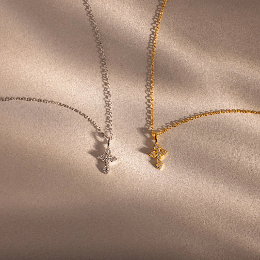 Diamond Vintage Cross Necklace Silver 18K Gold Plated