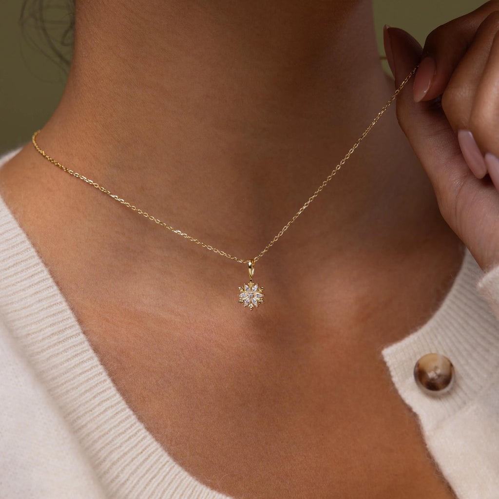 Diamond Poinsettia Charm Necklace Silver 18K Gold Plated