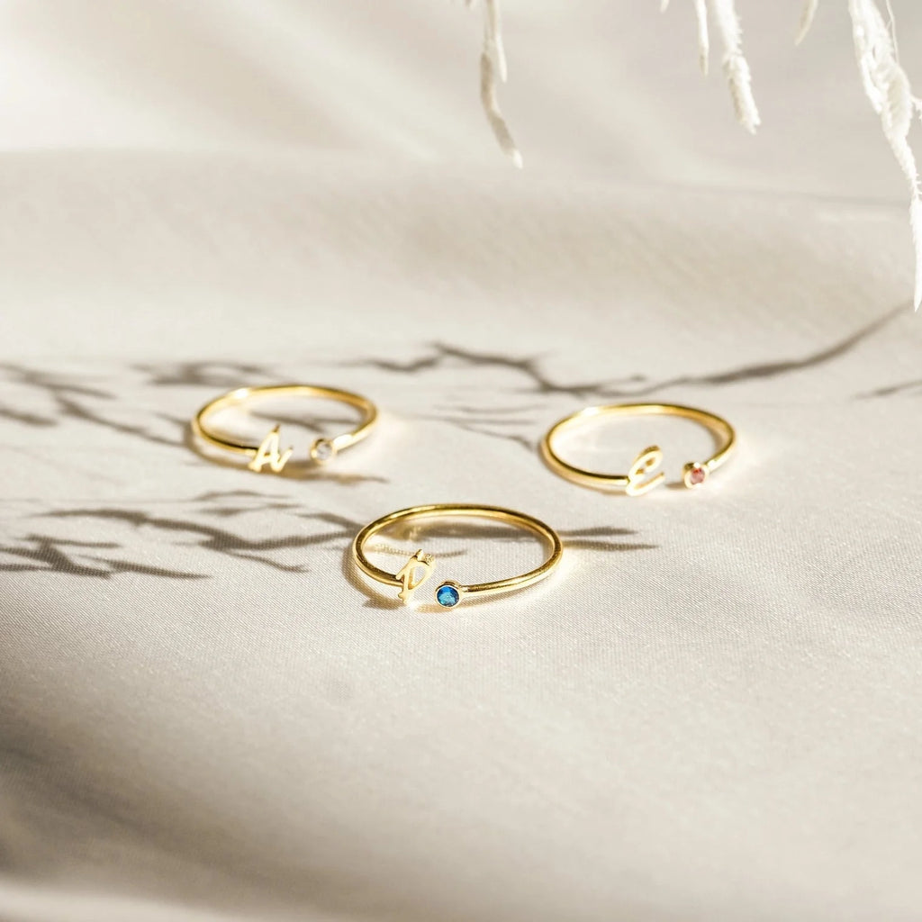 Venice Initial Birthstone Ring Silver 18K Gold Plated