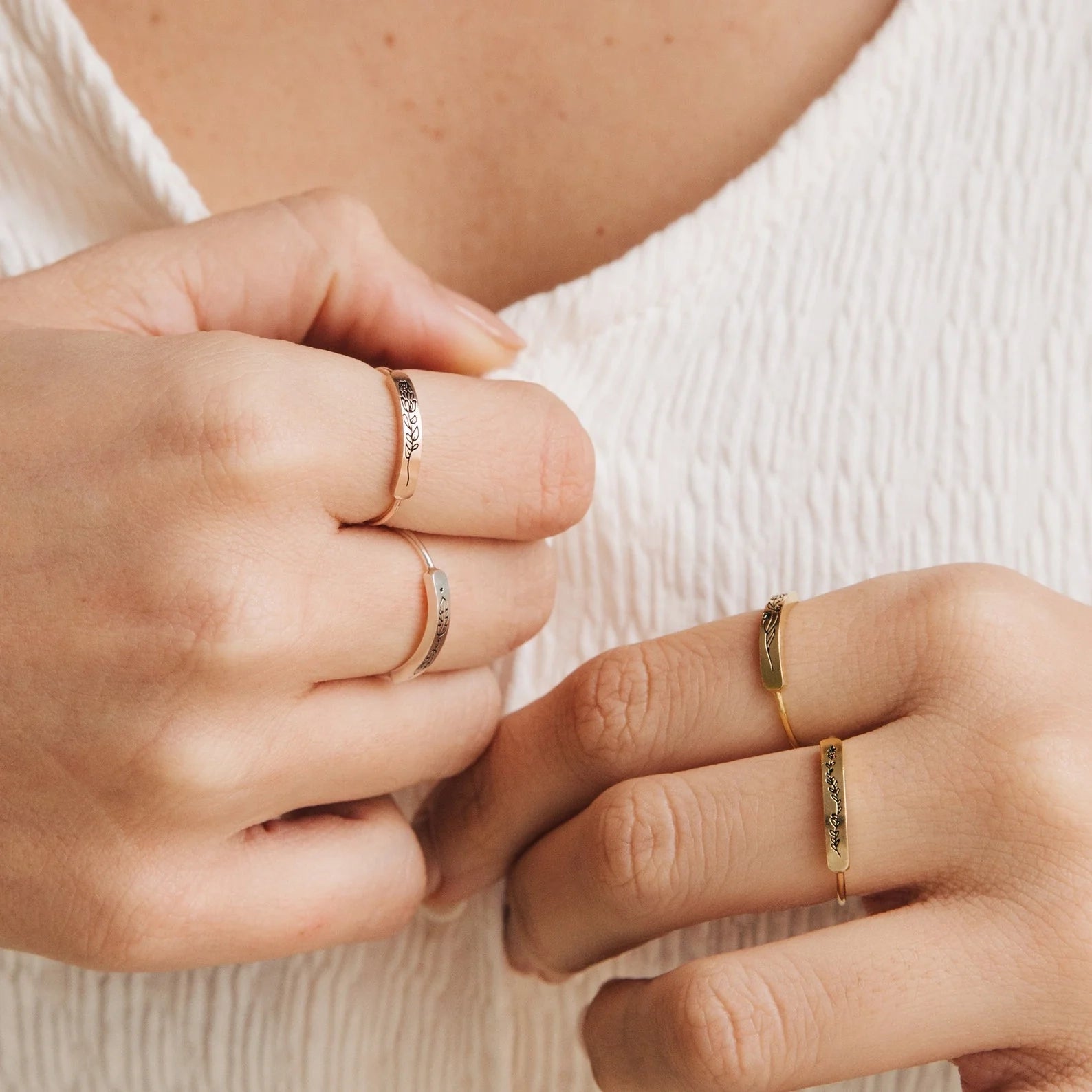 Birth Flower Bar Ring Silver 18K Gold Plated