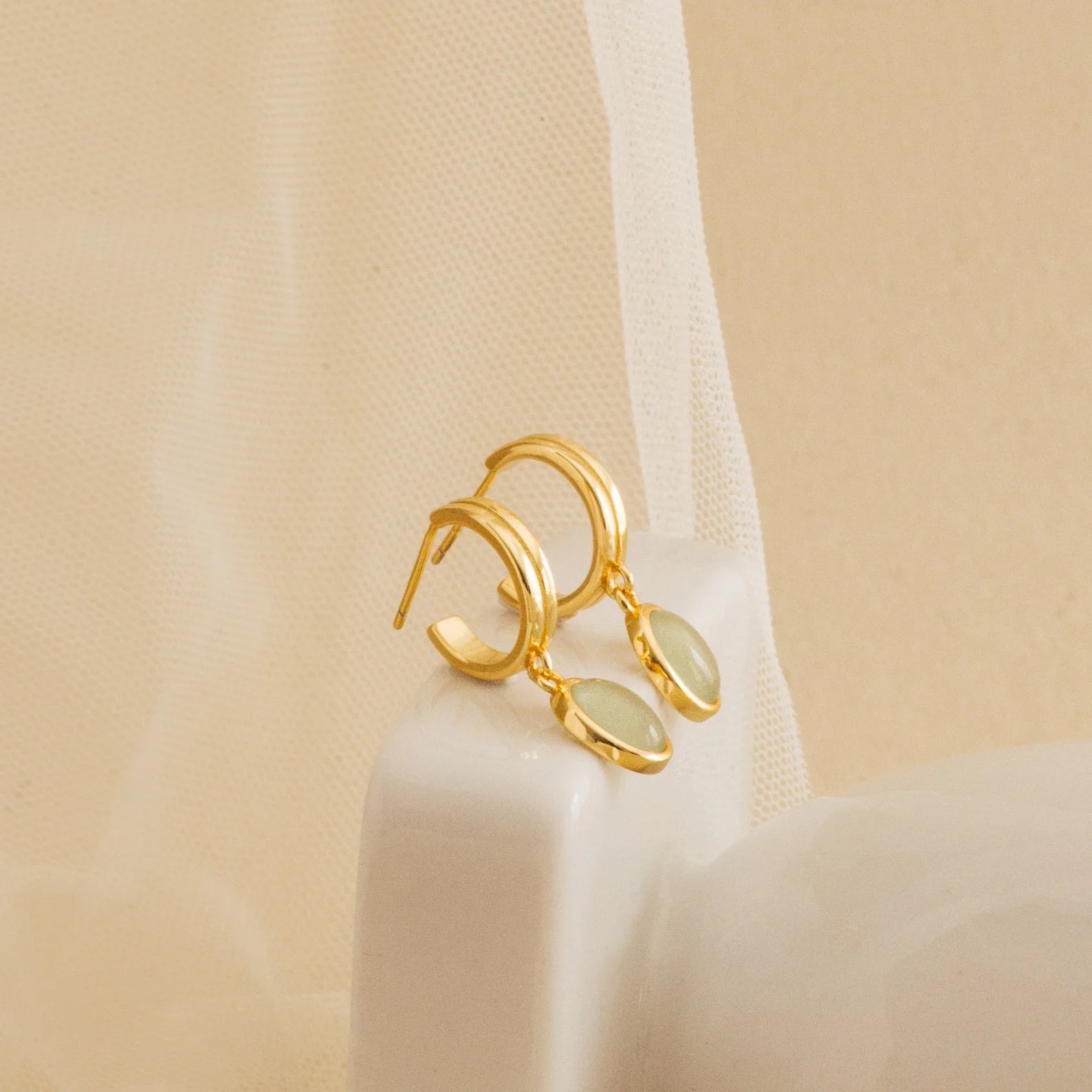 Jade Diamond Drop Hoops Silver 18K Gold Plated