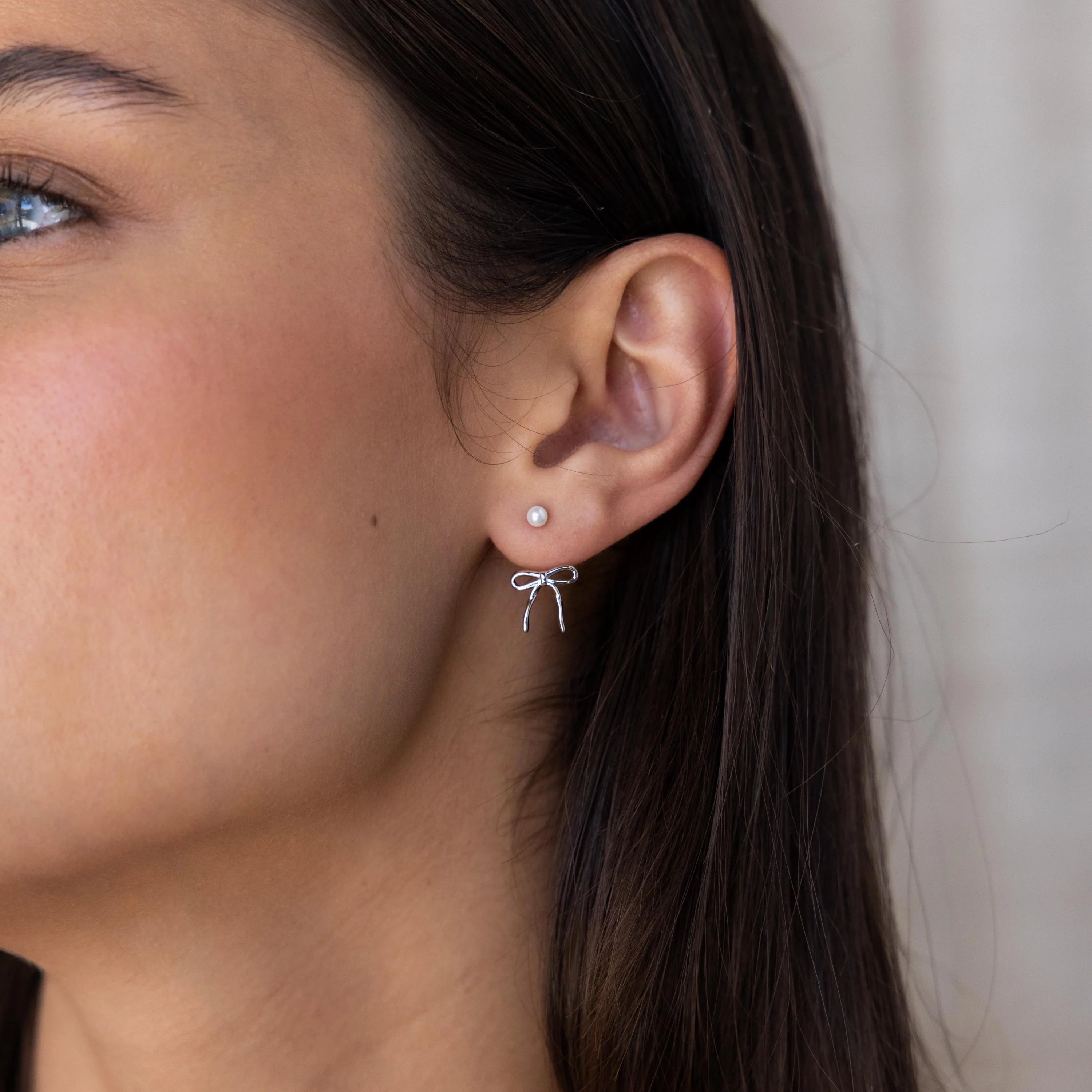 Pearl Bow Ear Jackets Silver 18K Gold Plated