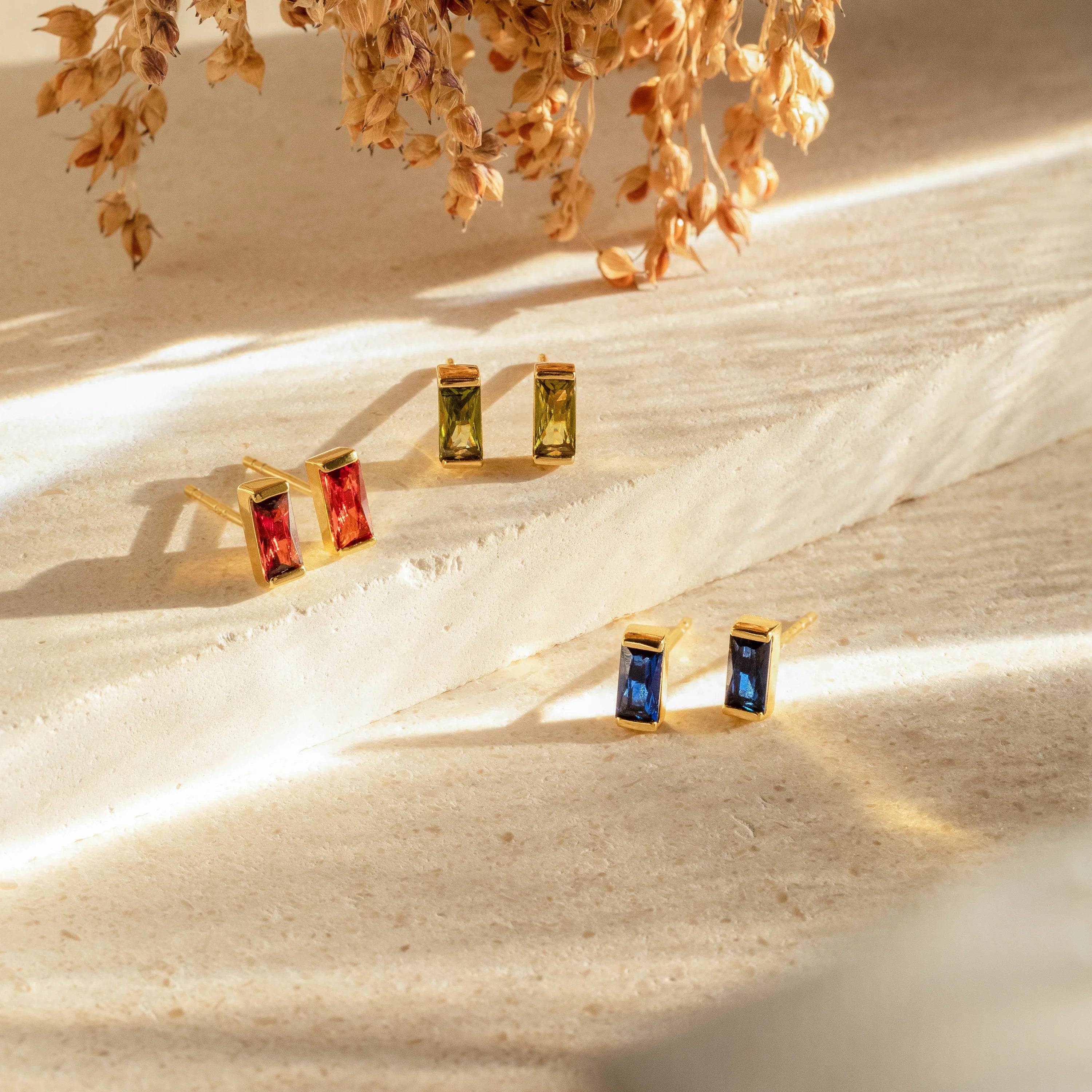 Baguette Birthstone Studs Silver 18K Gold Plated