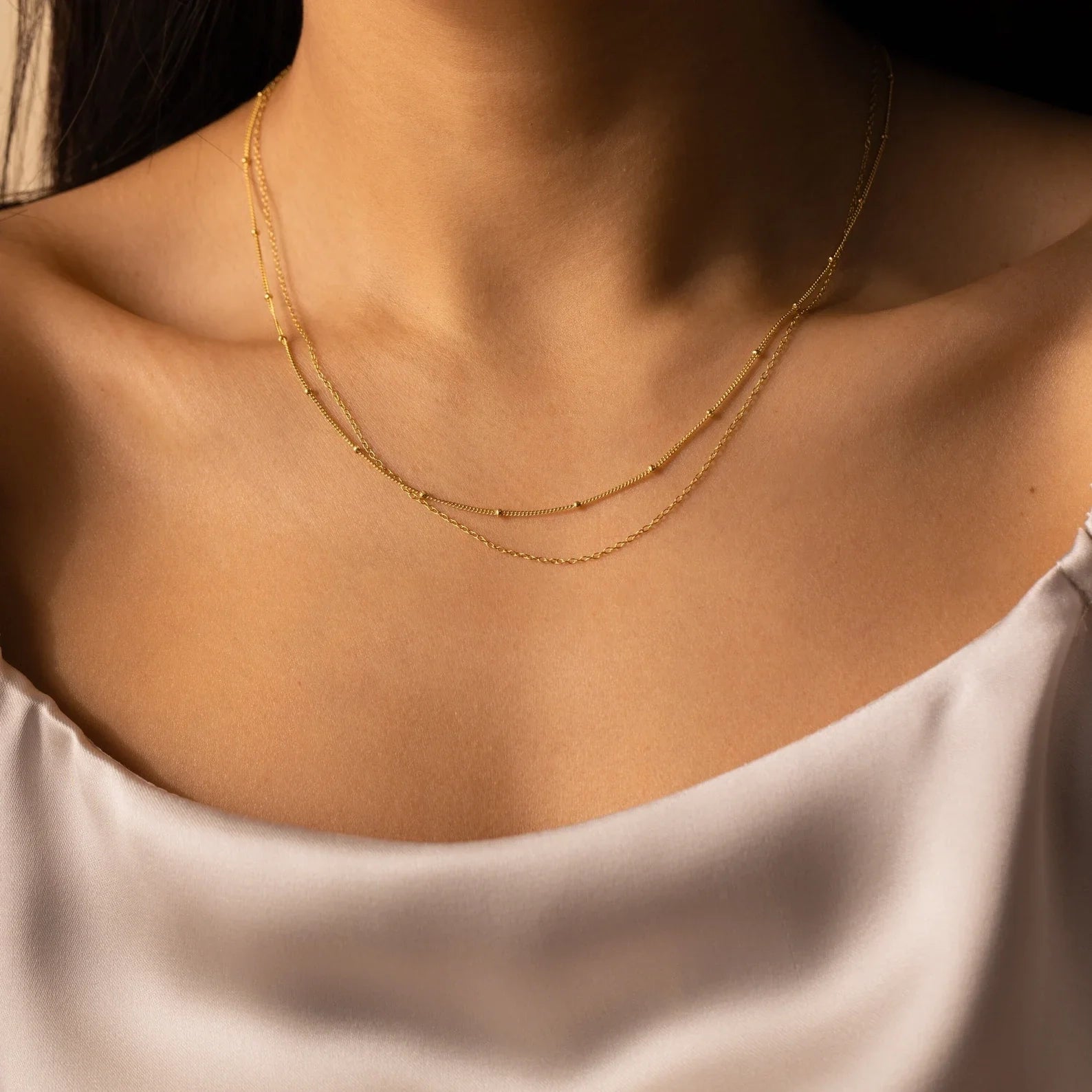 Beaded Duo Chain Necklace Silver 18K Gold Plated
