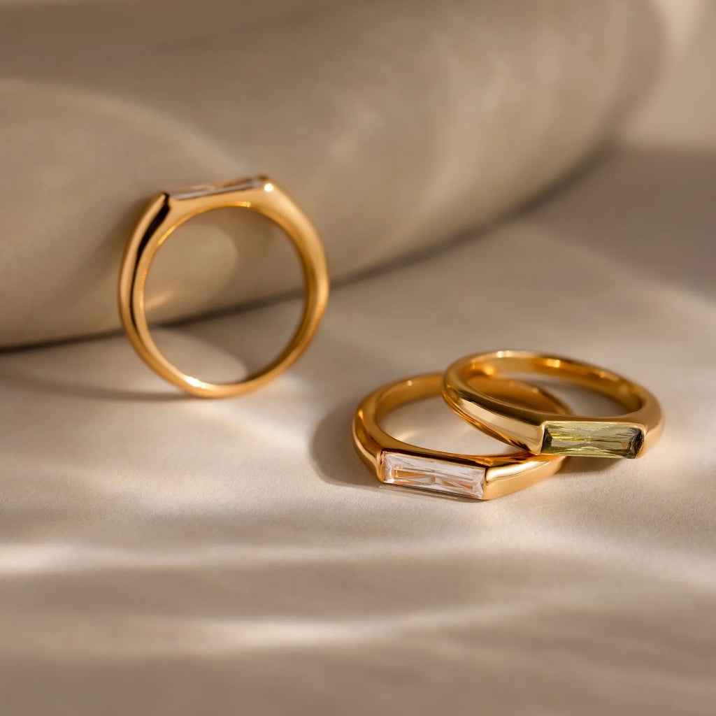 Baguette Cut Signet Ring Silver 18K Gold Plated