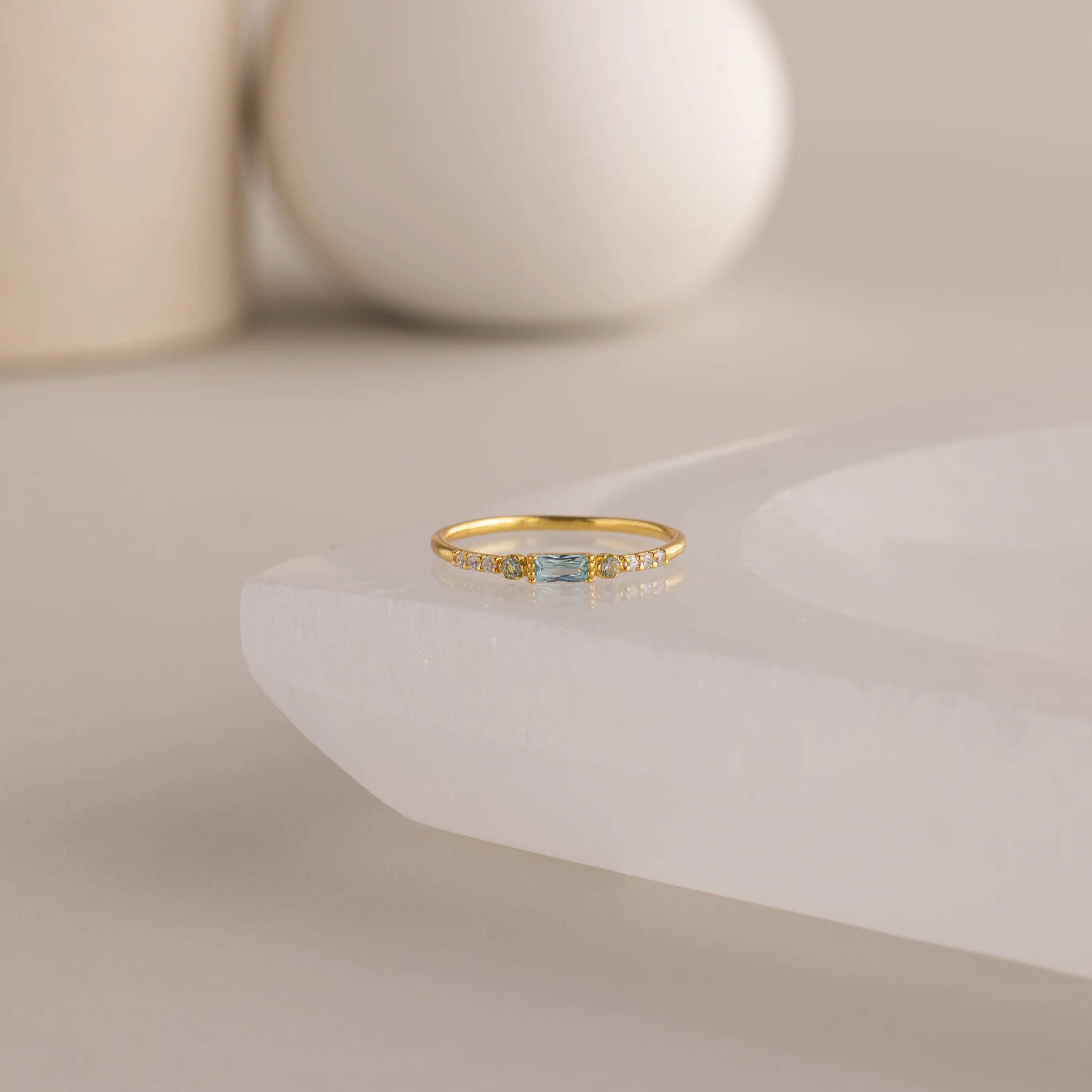 Dainty Baguette Aquamarine Ring Silver 18K Gold Plated