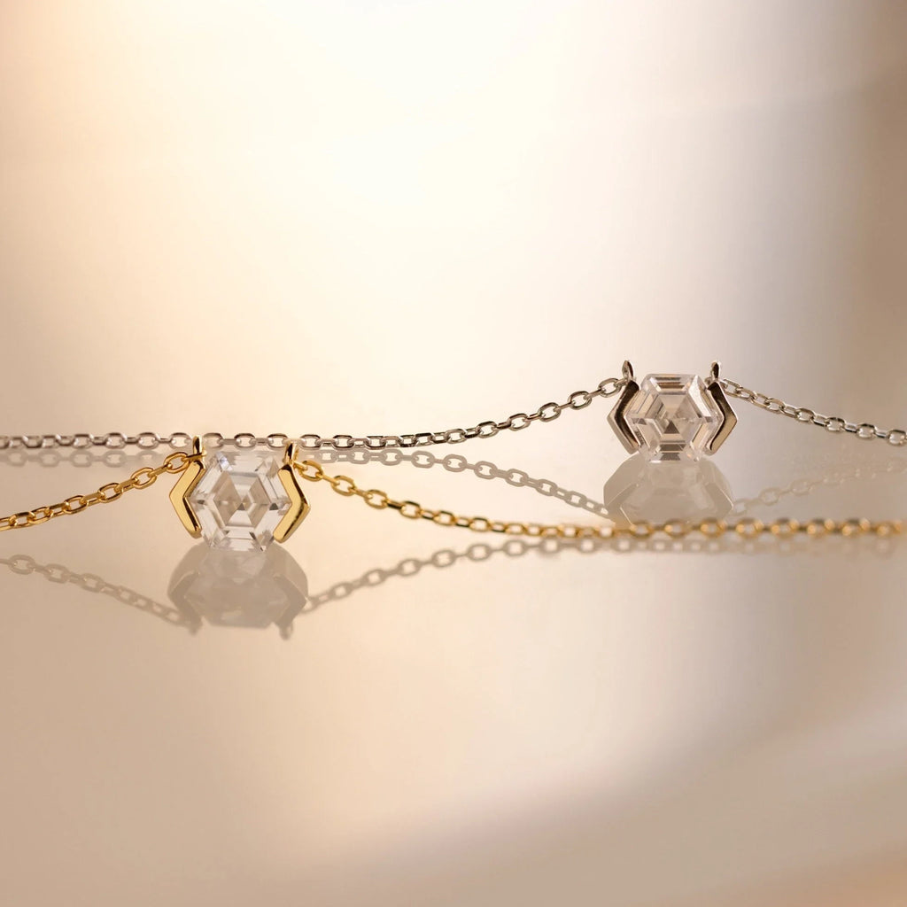 Encased Hexagon Diamond Necklace Silver 18K Gold Plated
