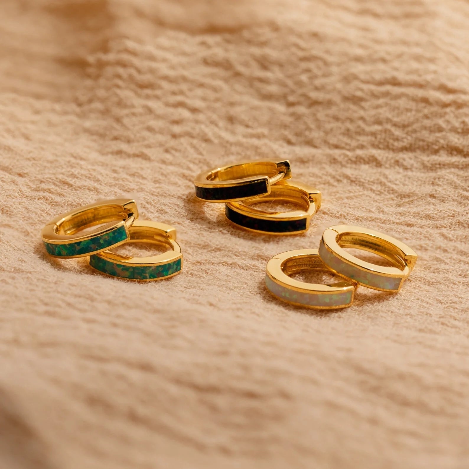 Opal Inlay Hoops Set Silver 18K Gold Plated