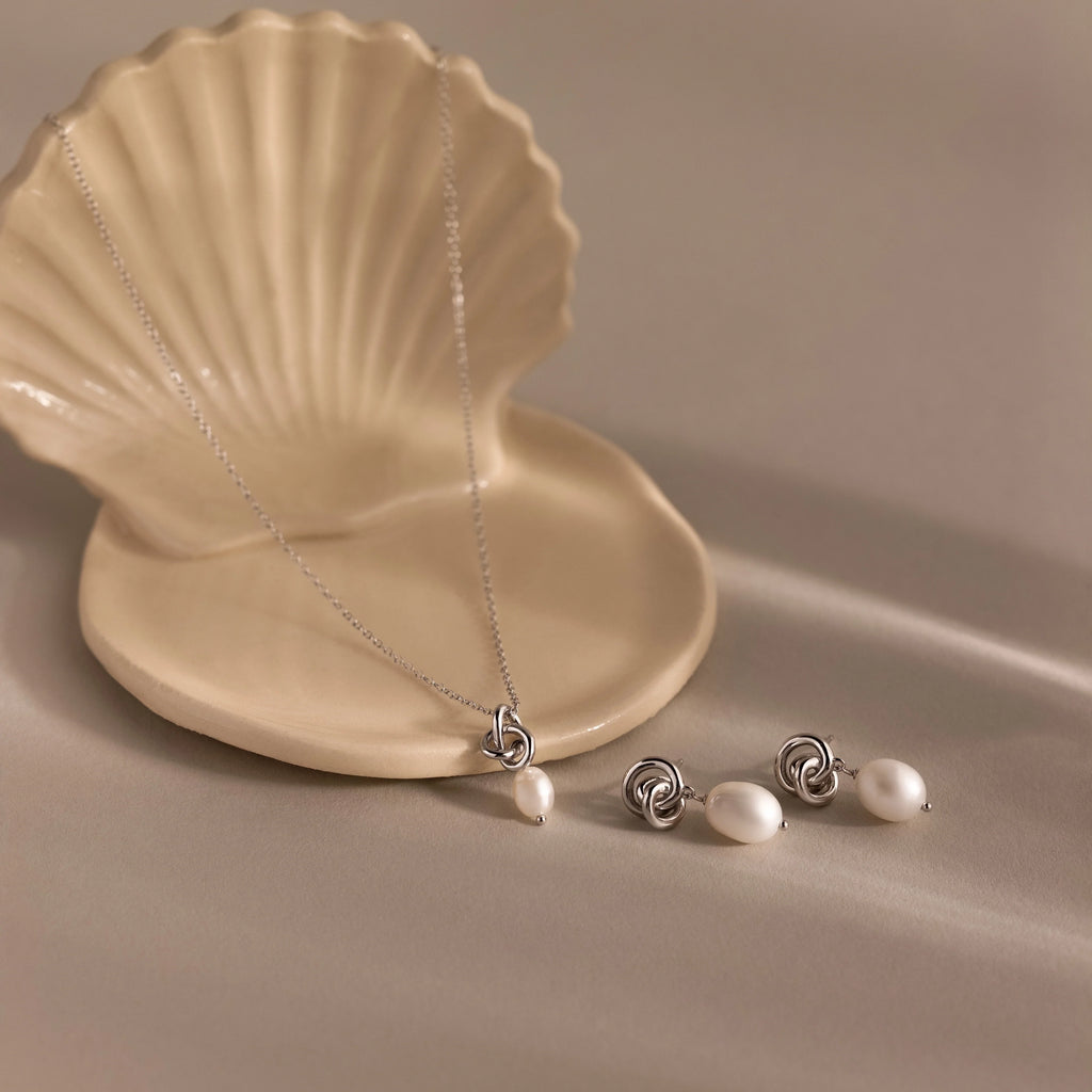 Freshwater Pearl Knot Necklace & Earrings Set  Silver 18K Gold Plated