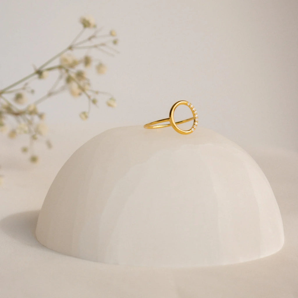 Pave Diamonds Open Circle Ring Silver 18K Gold Plated
