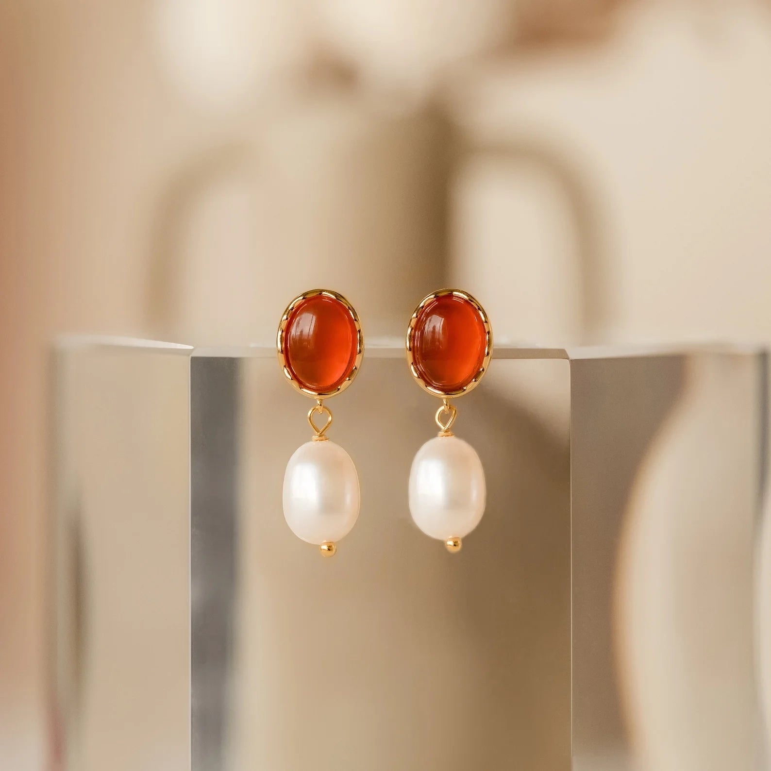 Carnelian Pearl Earrings Silver 18K Gold Plated