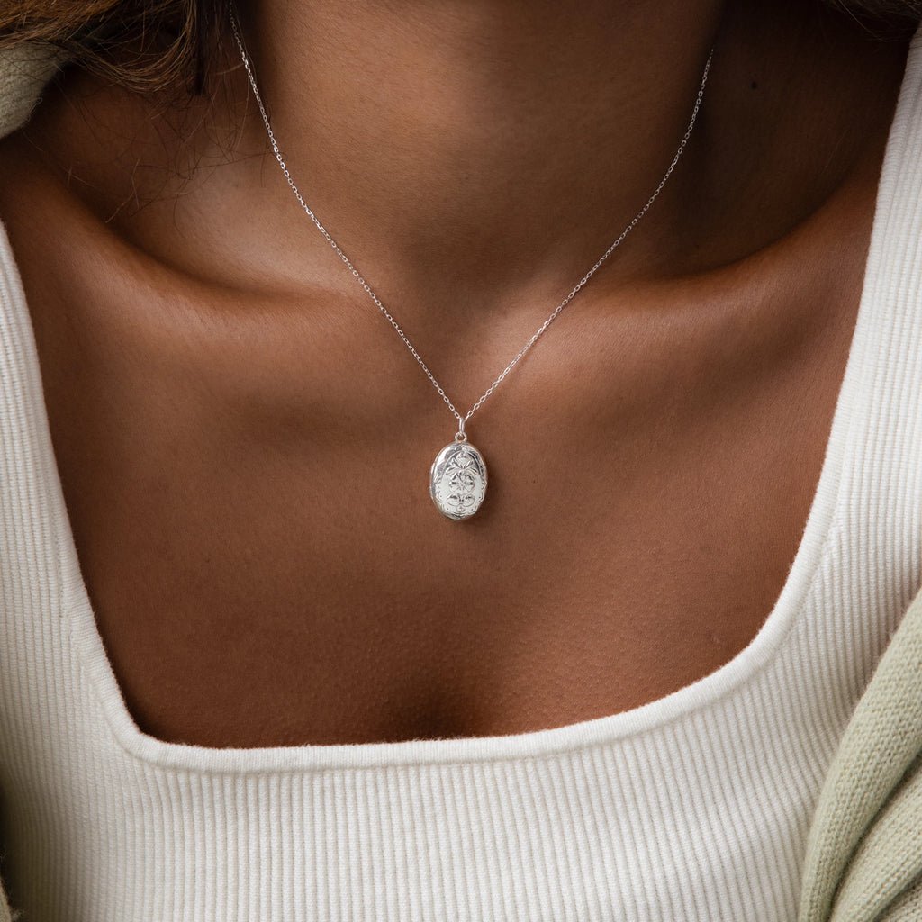 Floral Handwriting Locket Necklace Silver 18K Gold Plated