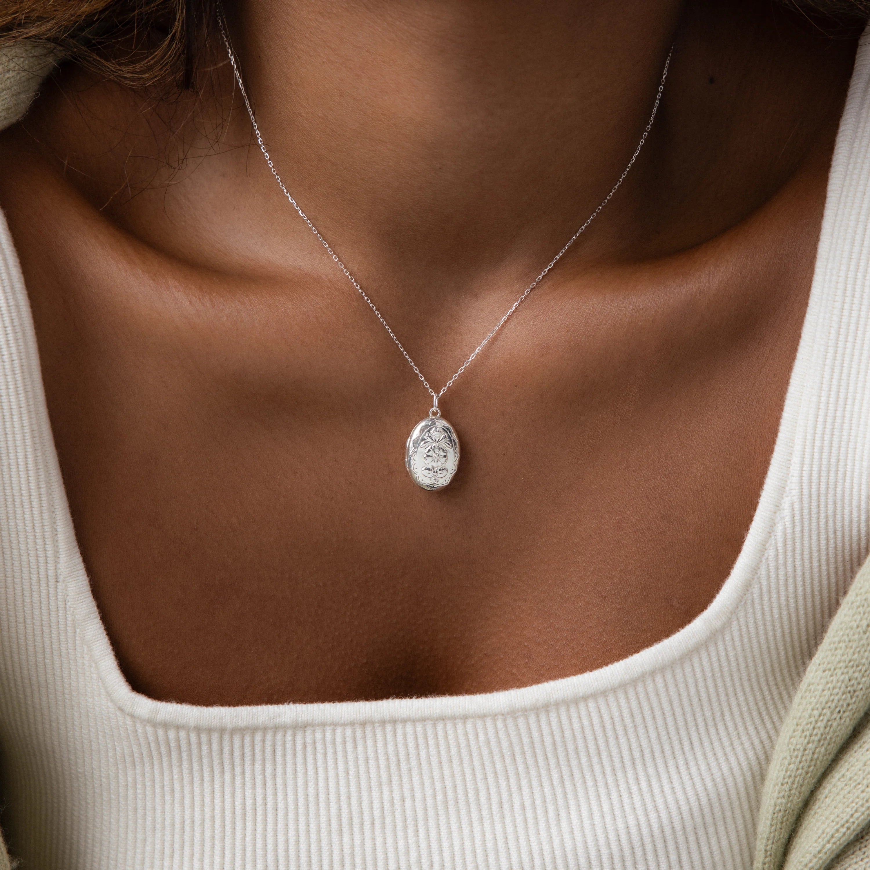 Floral Handwriting Locket Necklace Silver 18K Gold Plated