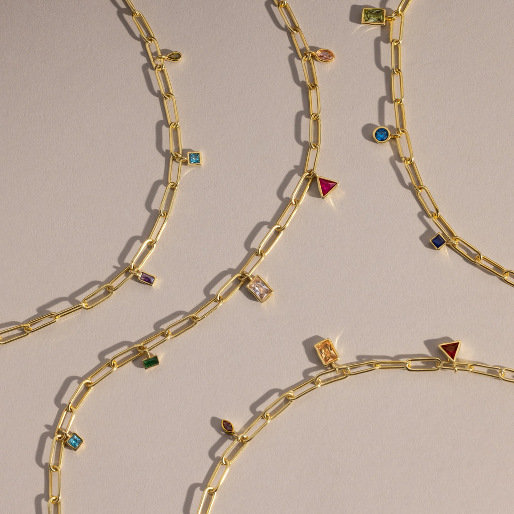 Mixed Birthstone Charm Necklace Silver 18K Gold Plated