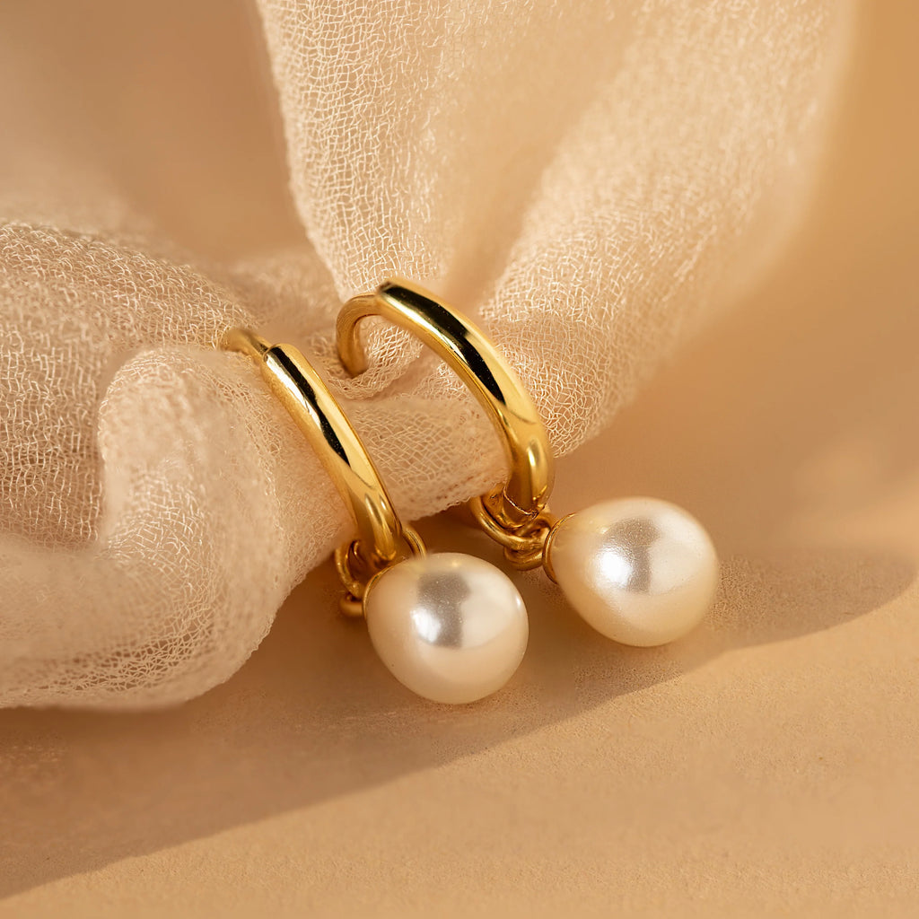 Dainty Pearl Drop Huggies in 18K Gold