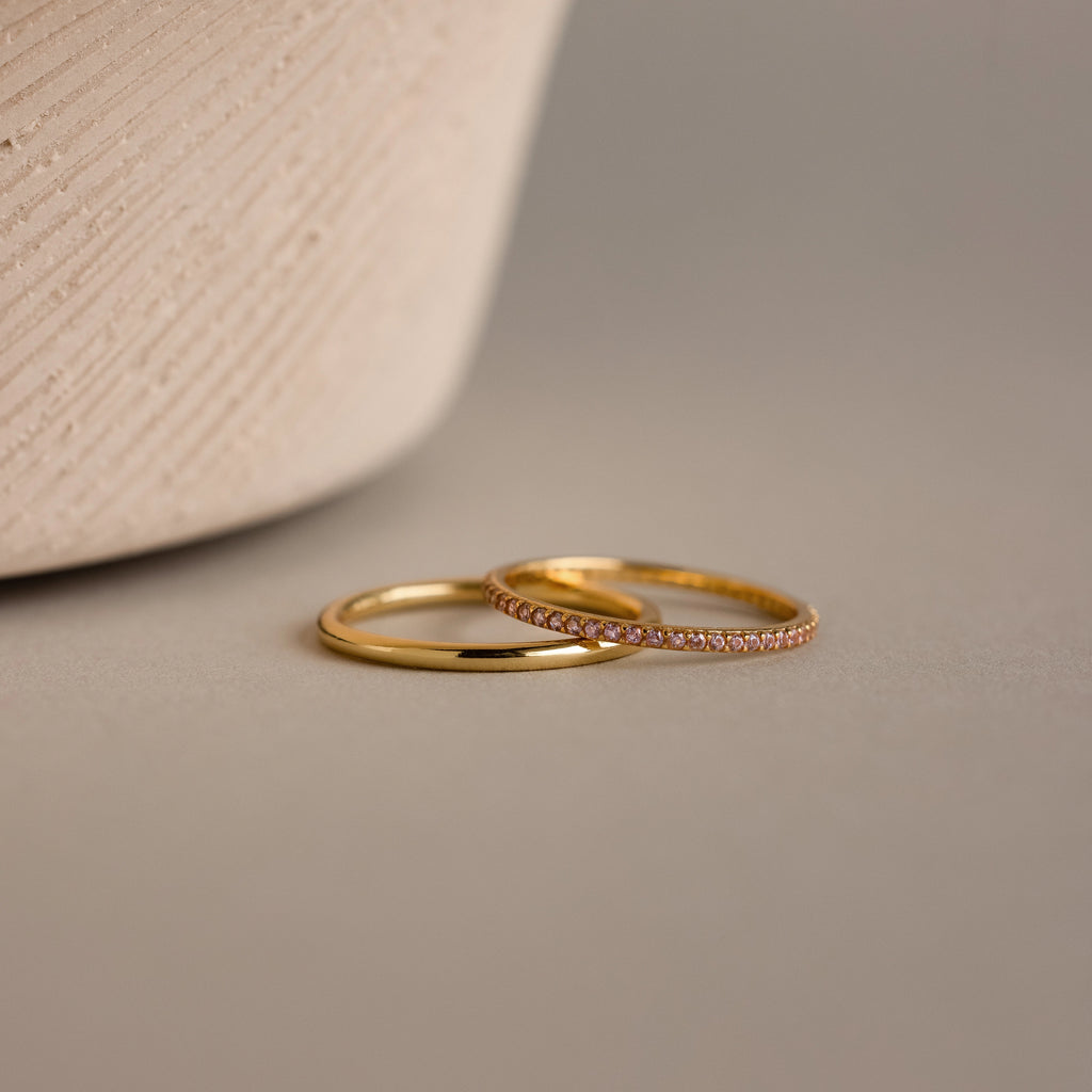 Pink Tourmaline Tennis Ring Set Silver 18K Gold Plated